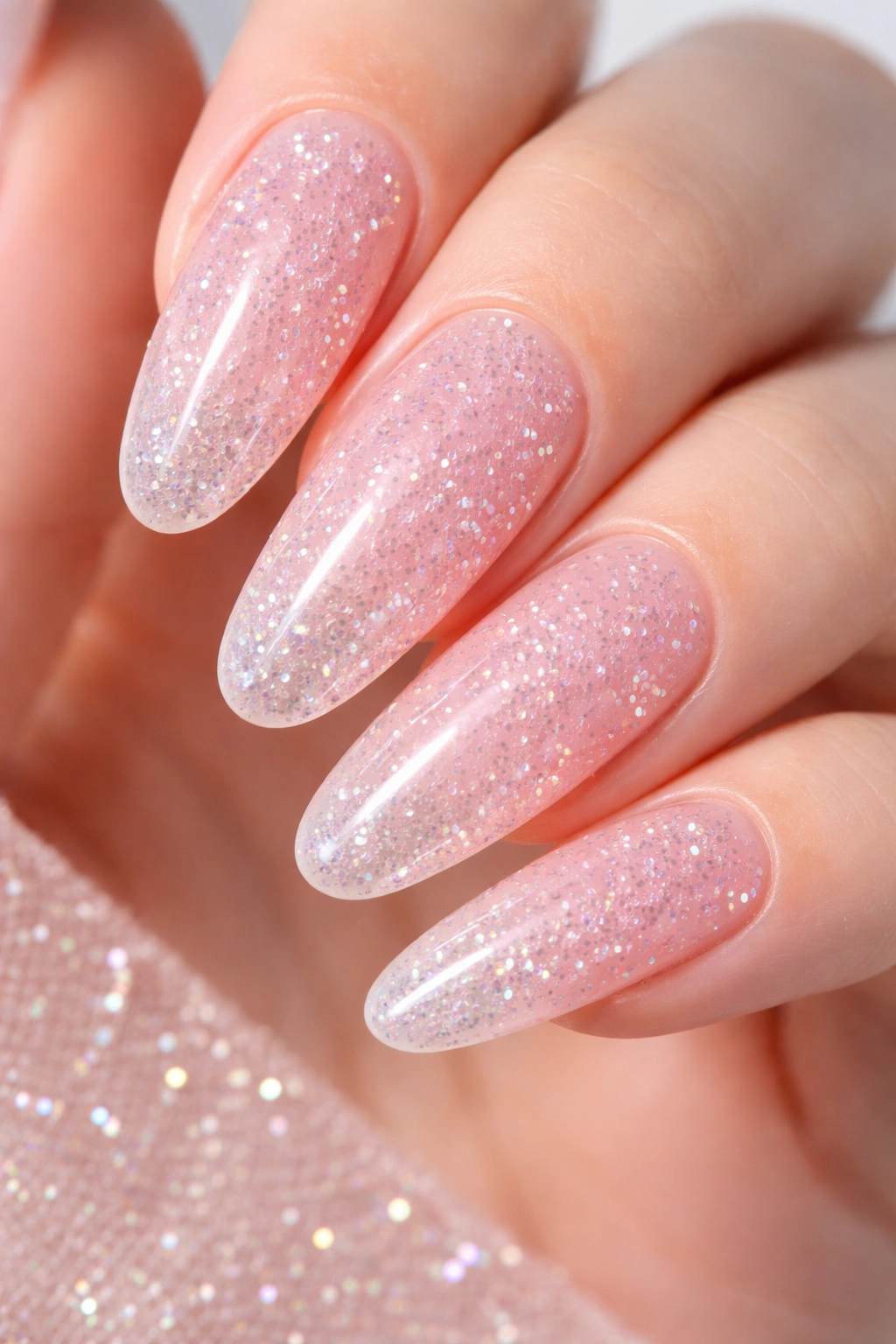 Close-up of long oval acrylic nails with translucent pink base and embedded microbeads