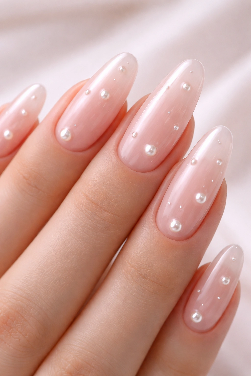 Translucent pink nails with embedded pearls