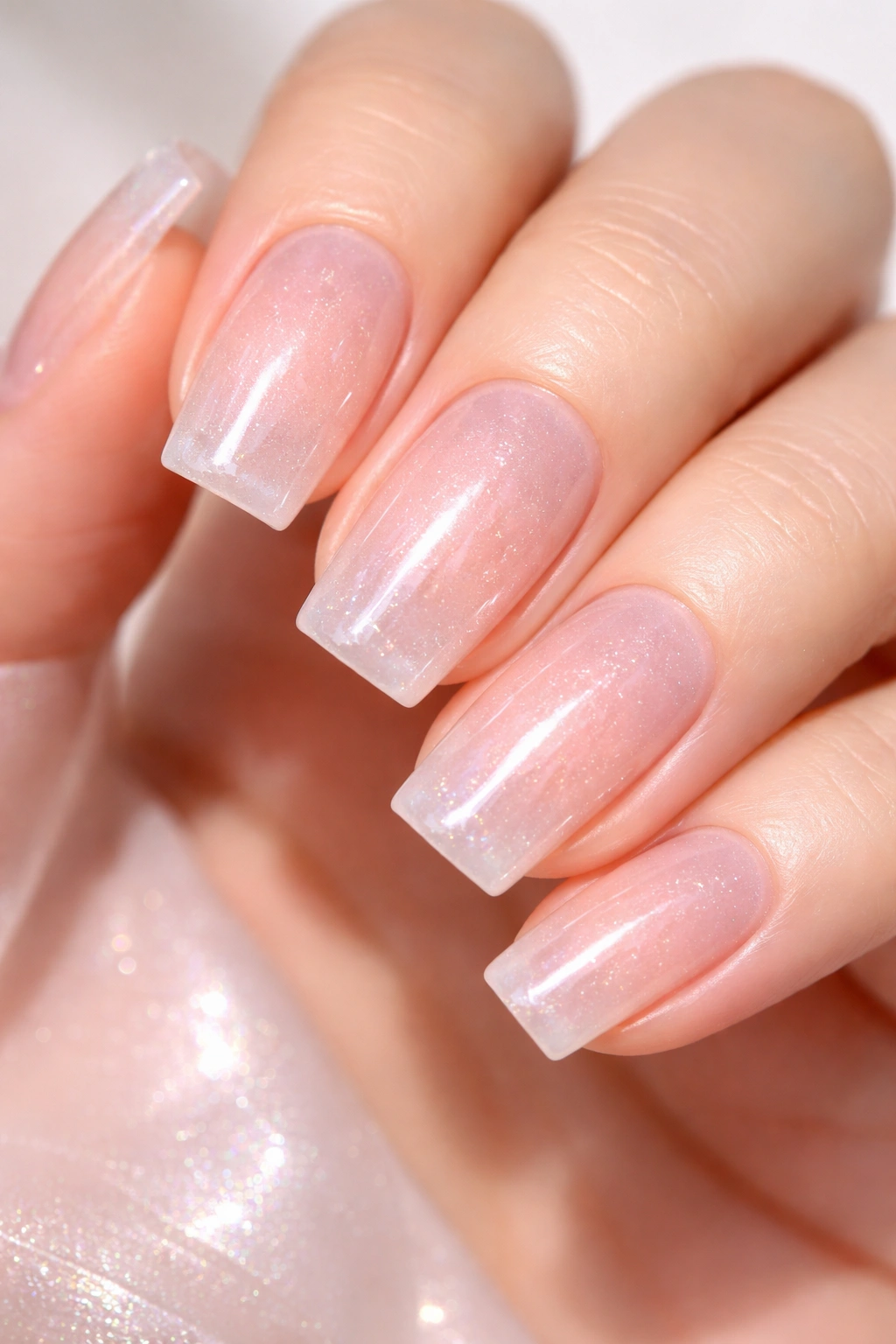 Close-up of translucent shimmering soft square nails under glossy topcoat