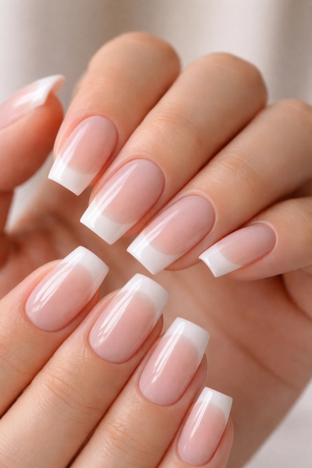 Close-up of translucent white tip nails on soft-square nails with sheer base
