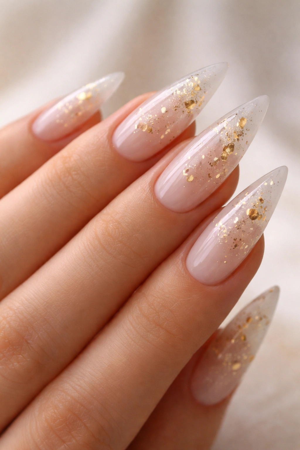 Close-up of translucent white stiletto nails with gold flakes