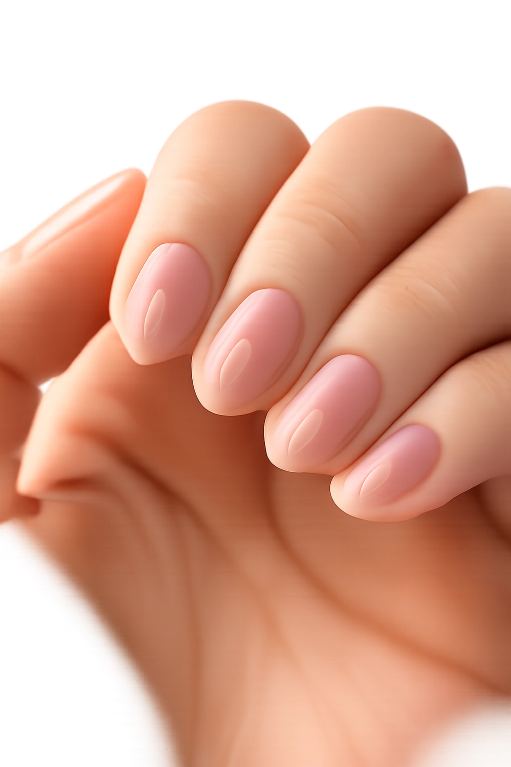 Close-up of transparent gloss oval nails on a bare hand with a bright shine