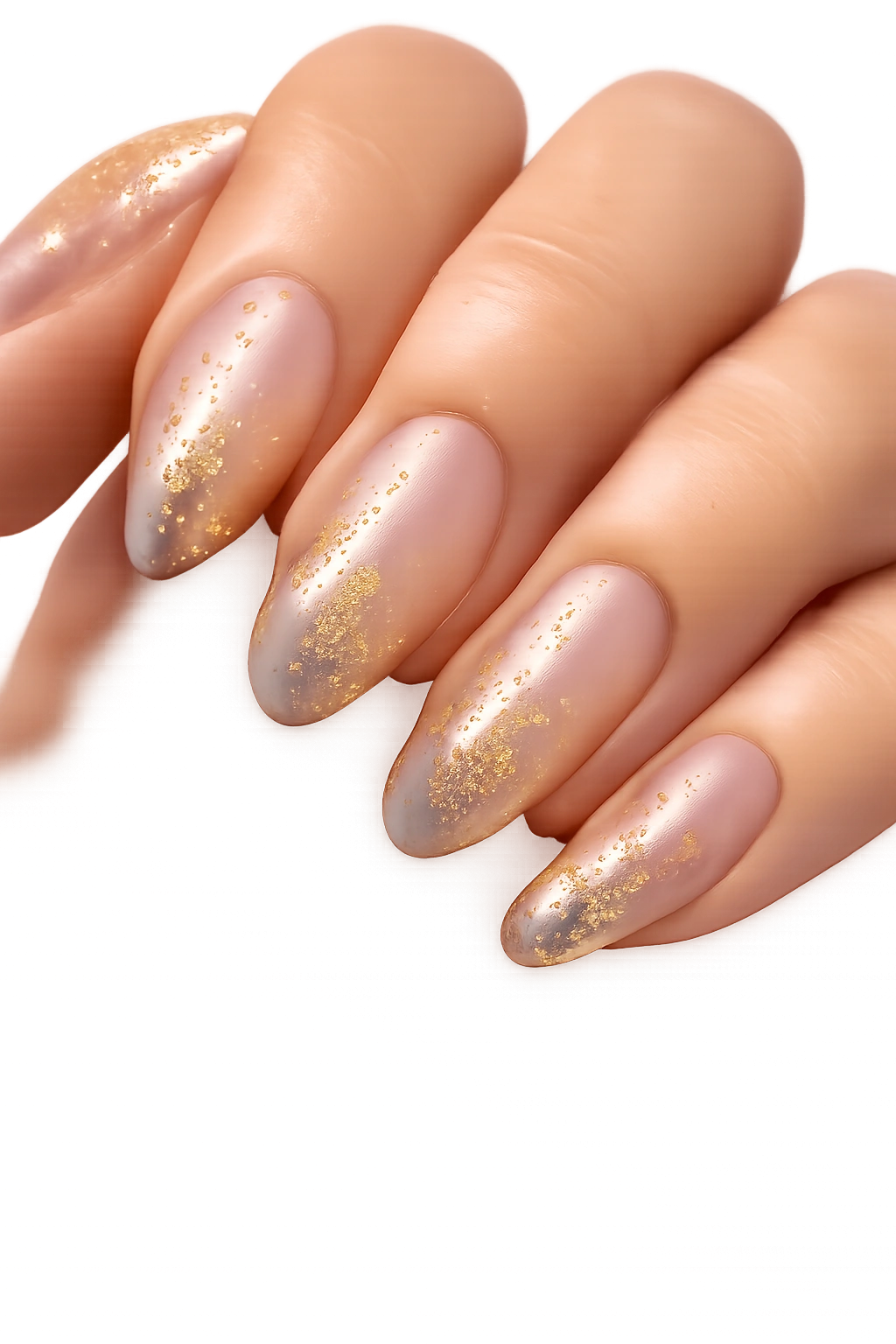 Transparent nails with gold leaf accents on oval nails