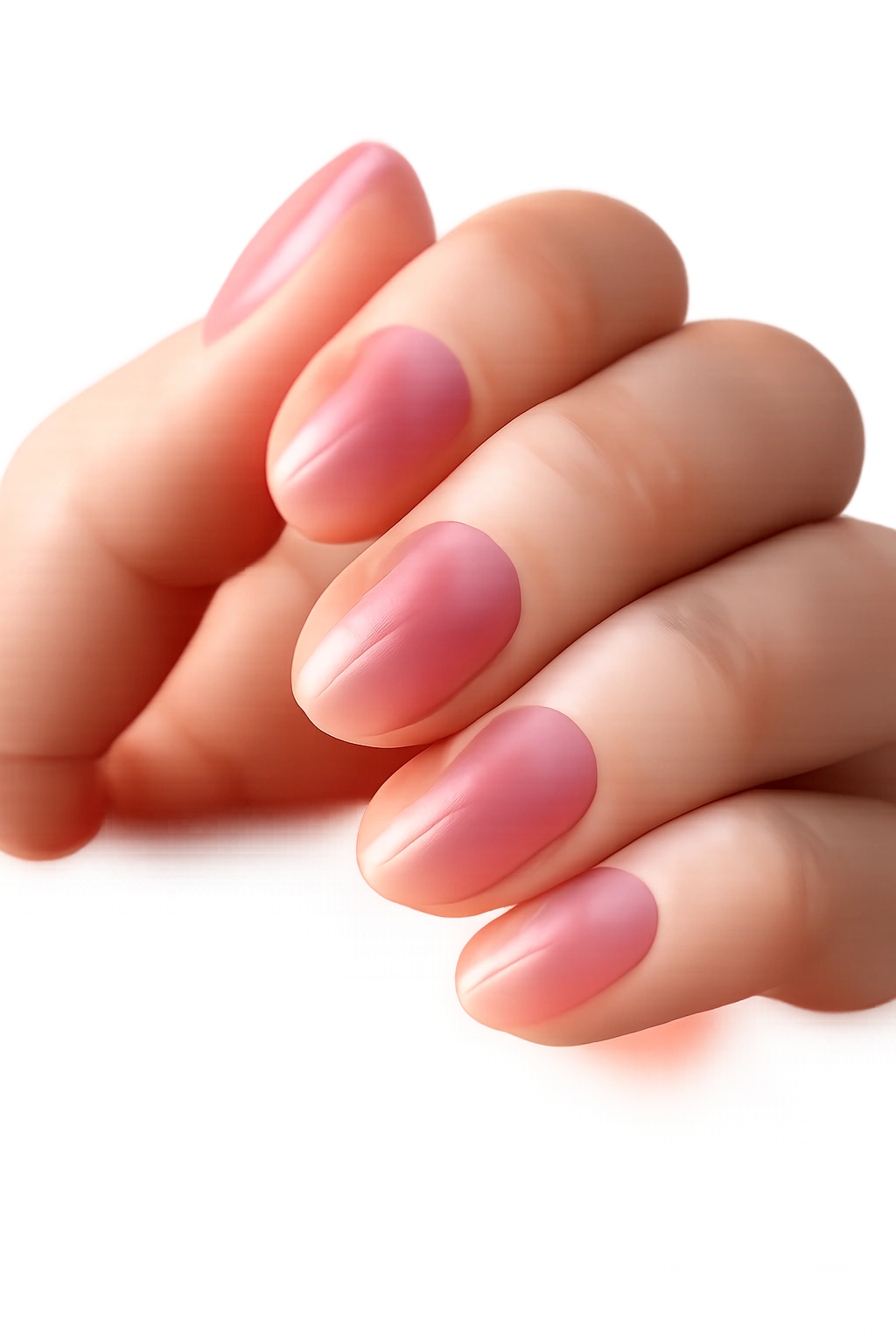 Close-up of transparent jelly short oval builder gel nails with sheer tint and glassy shine