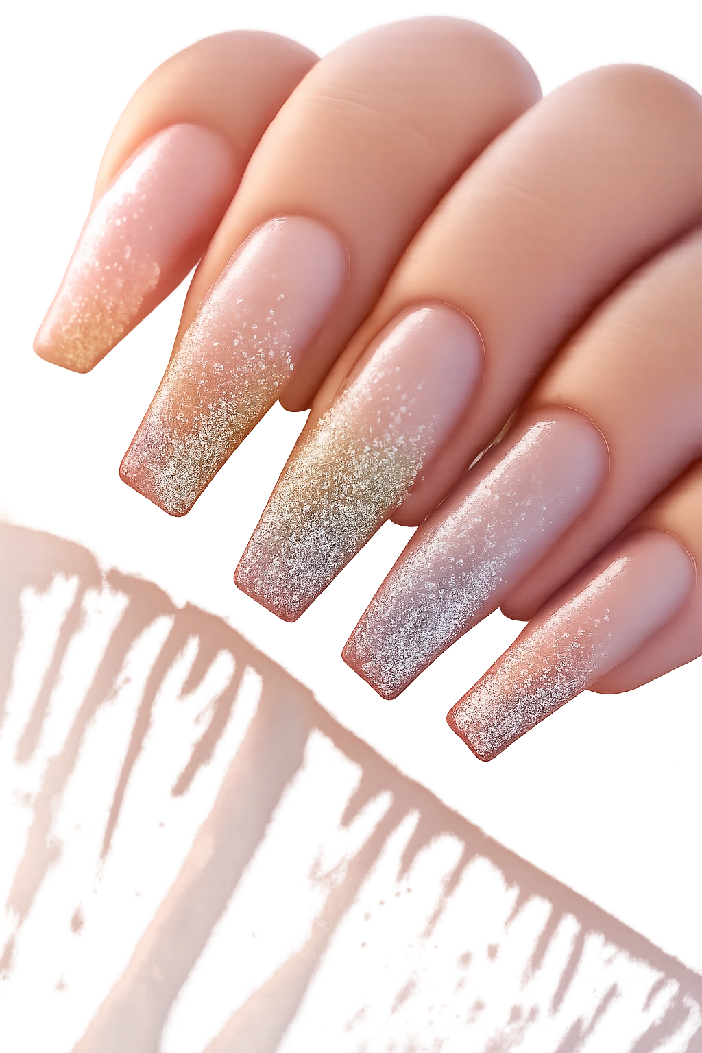 Close-up of coffin nails with clear base and rainbow glitter ombré