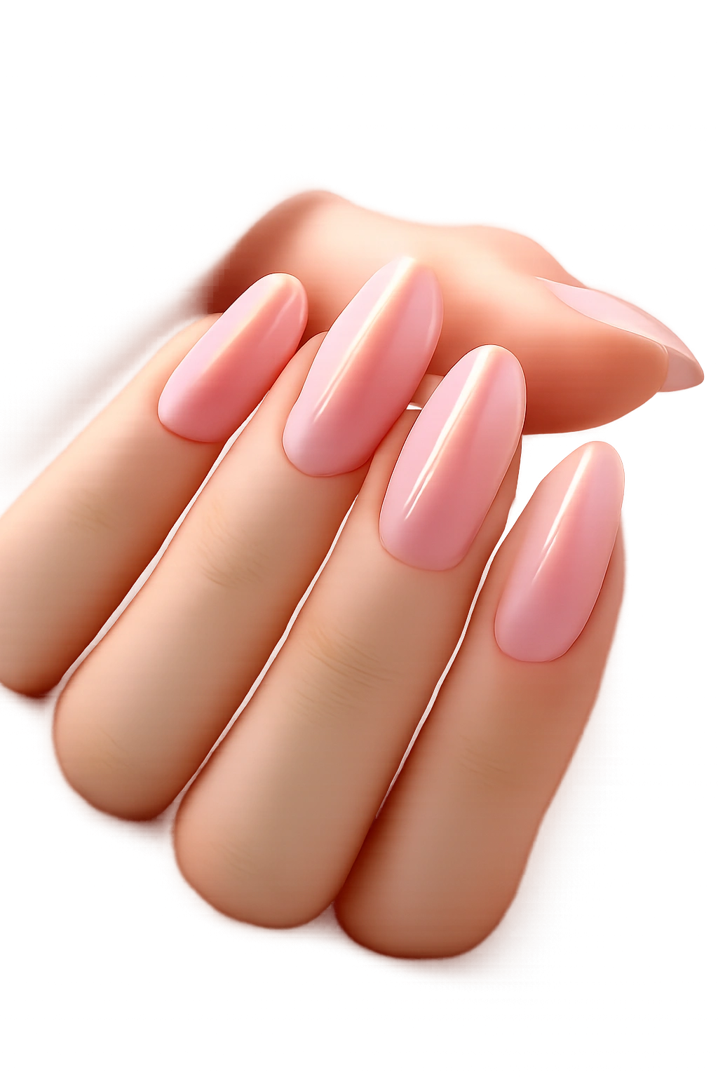 Close-up of long oval nails with translucent pink jelly polish