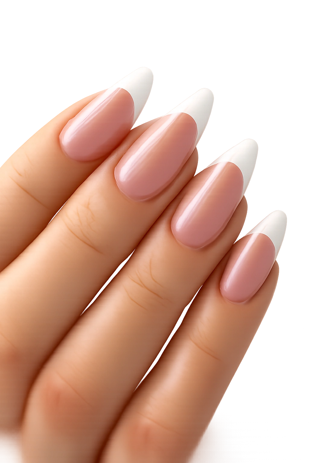 Almond nails with translucent pink base and crisp white tips on a light background