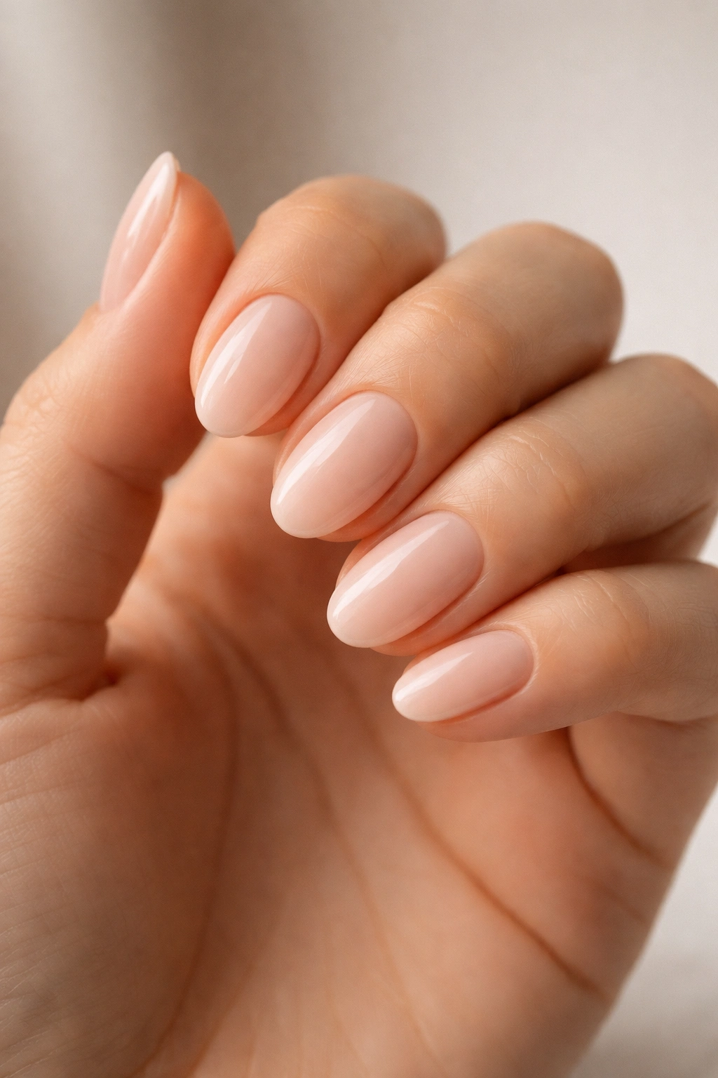 Close-up of short almond nails with balanced soft taper and rounded tips