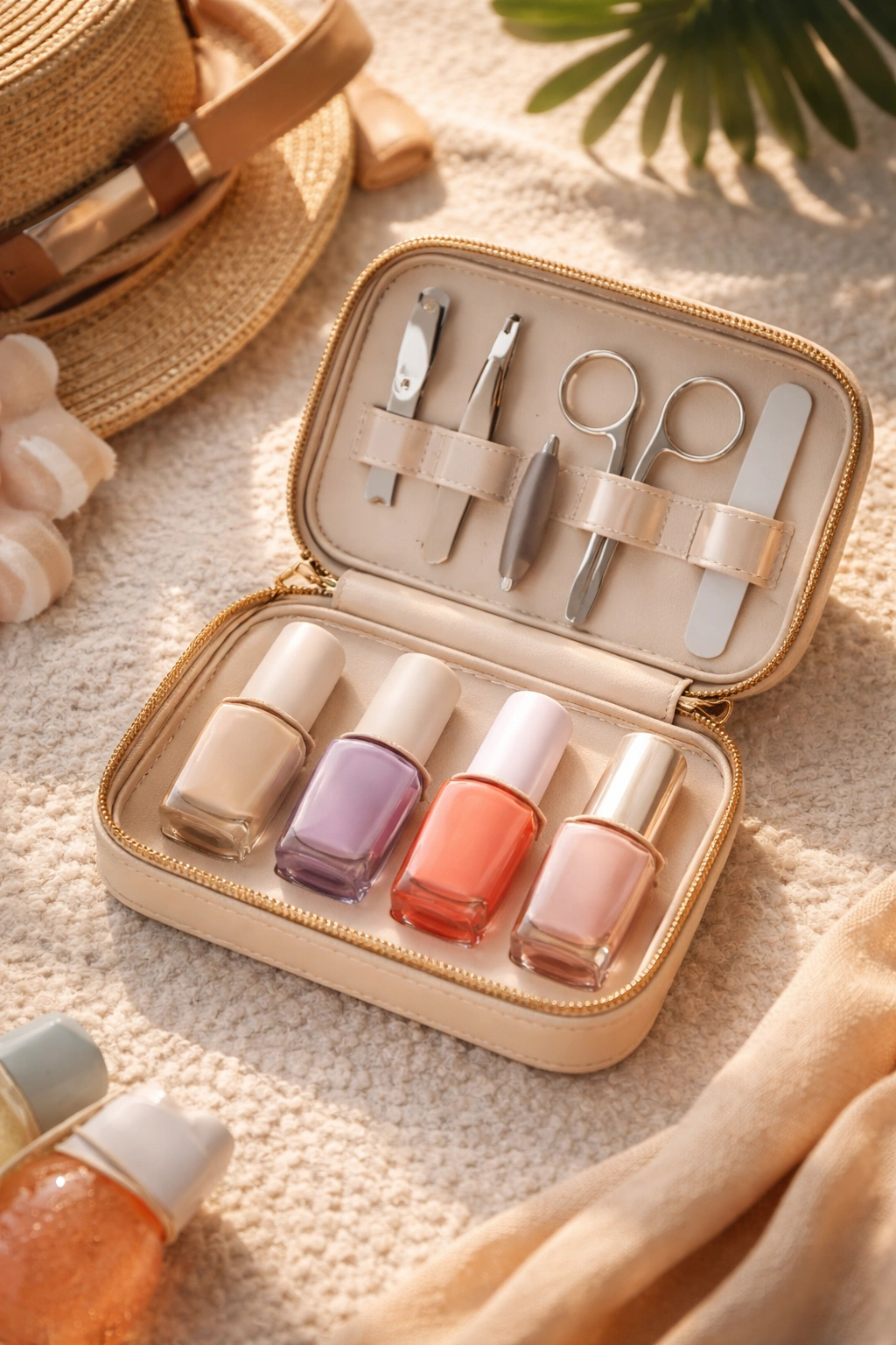 Flat lay of a travel manicure kit with four nail polish bottles in nude, lavender, coral, and chrome finishes