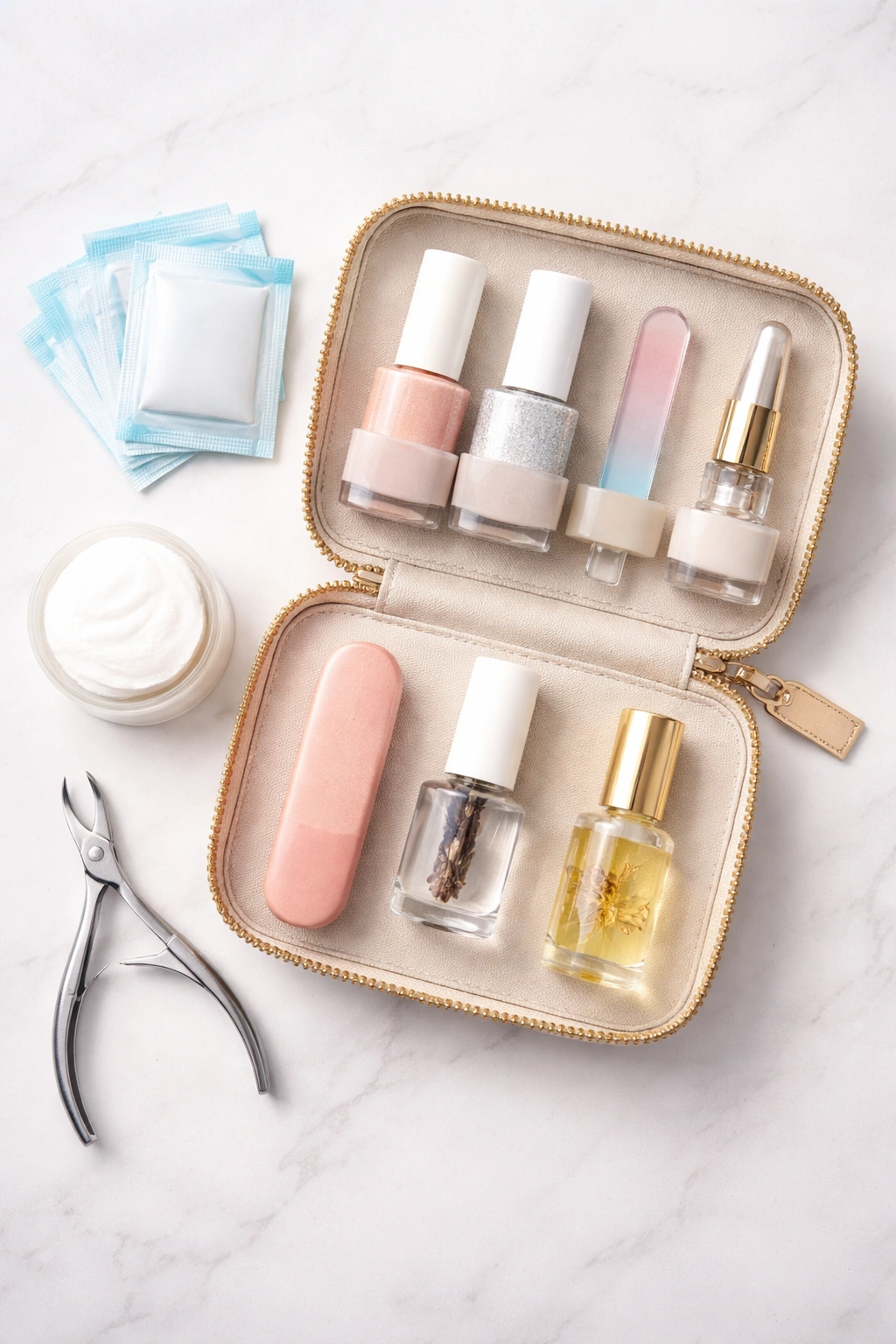Travel manicure kit with mini bottle, file, and wipes