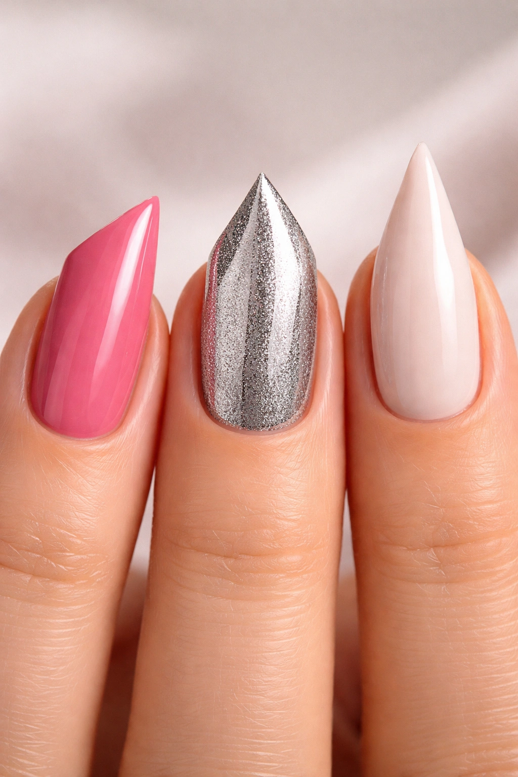 Hand showing three trendy nail shapes: lipstick, edge, mountain peak