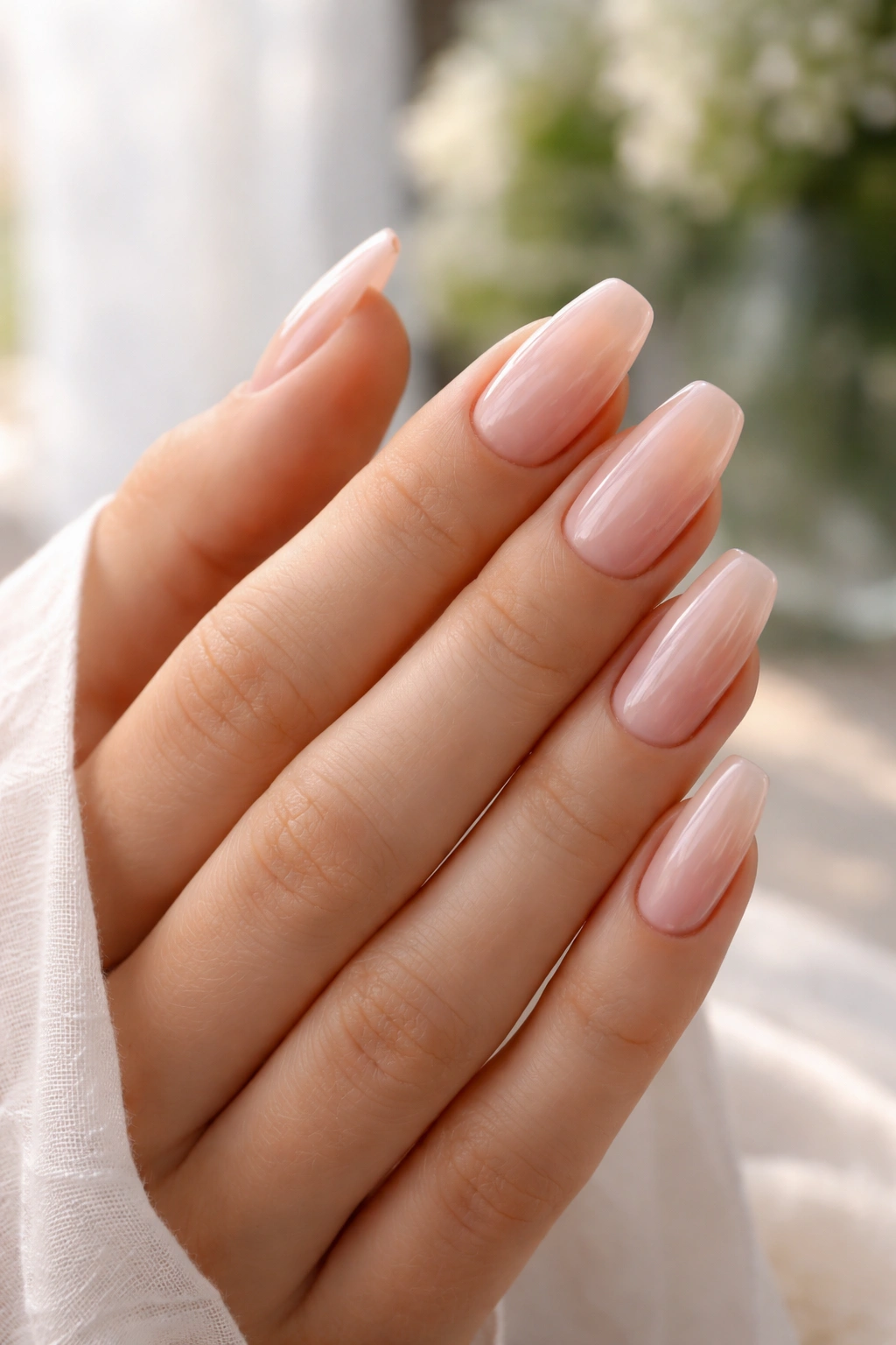 Close-up of hand with trial manicure in sheer nude-pink on ballerina nails