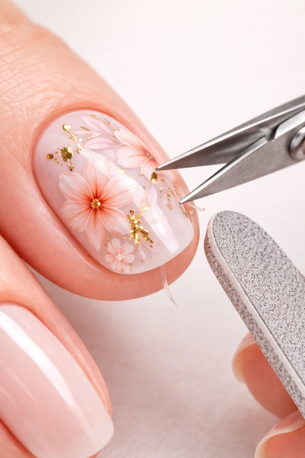 Sticker edge trimmed flush with nail using file