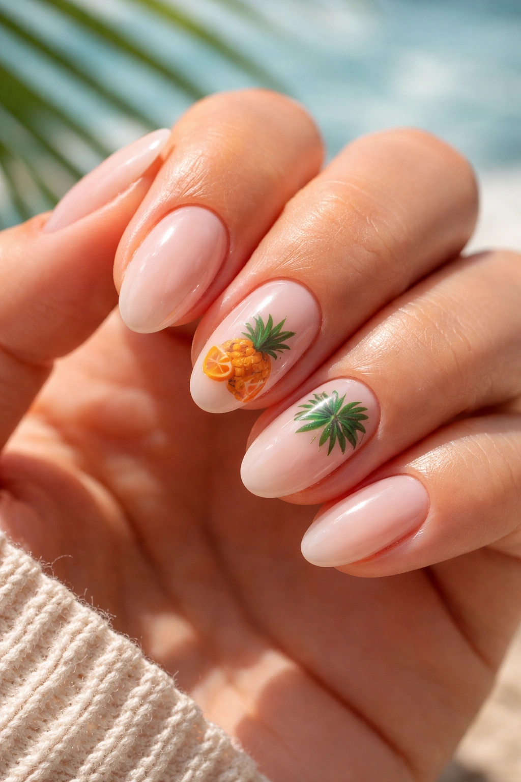 Short almond nails with tropical palm leaf accent on nude base