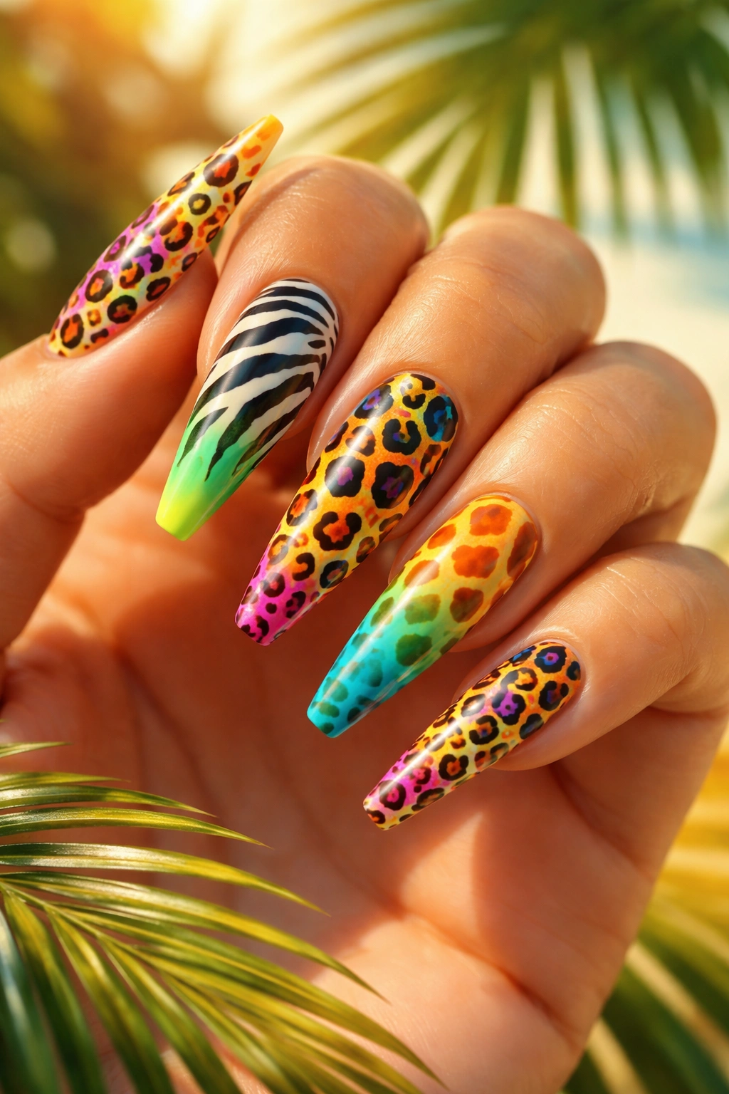 Coffin nails with tropical animal prints in vacation colors.