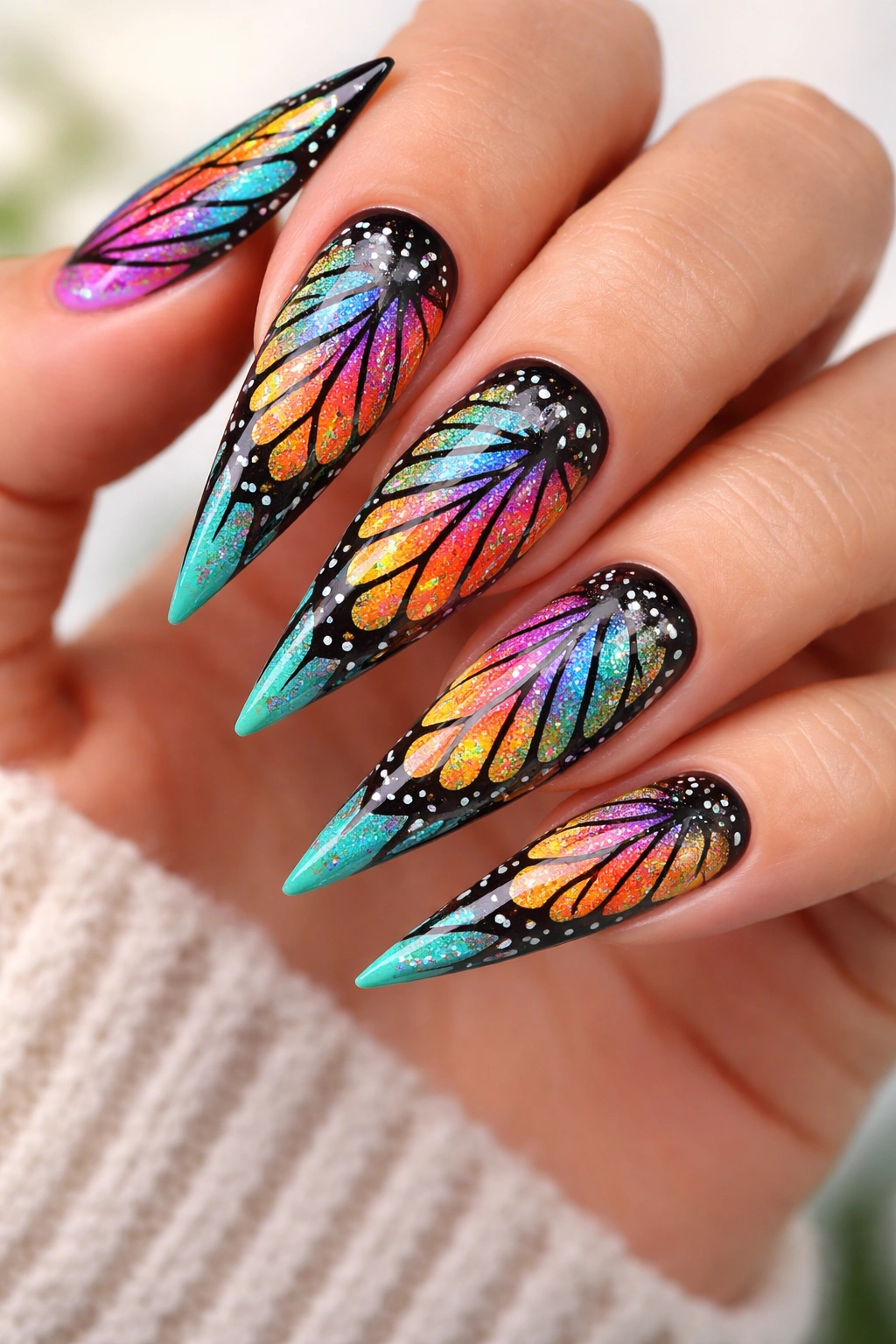 Tropical butterfly wing patterns on stiletto nails with layered colors