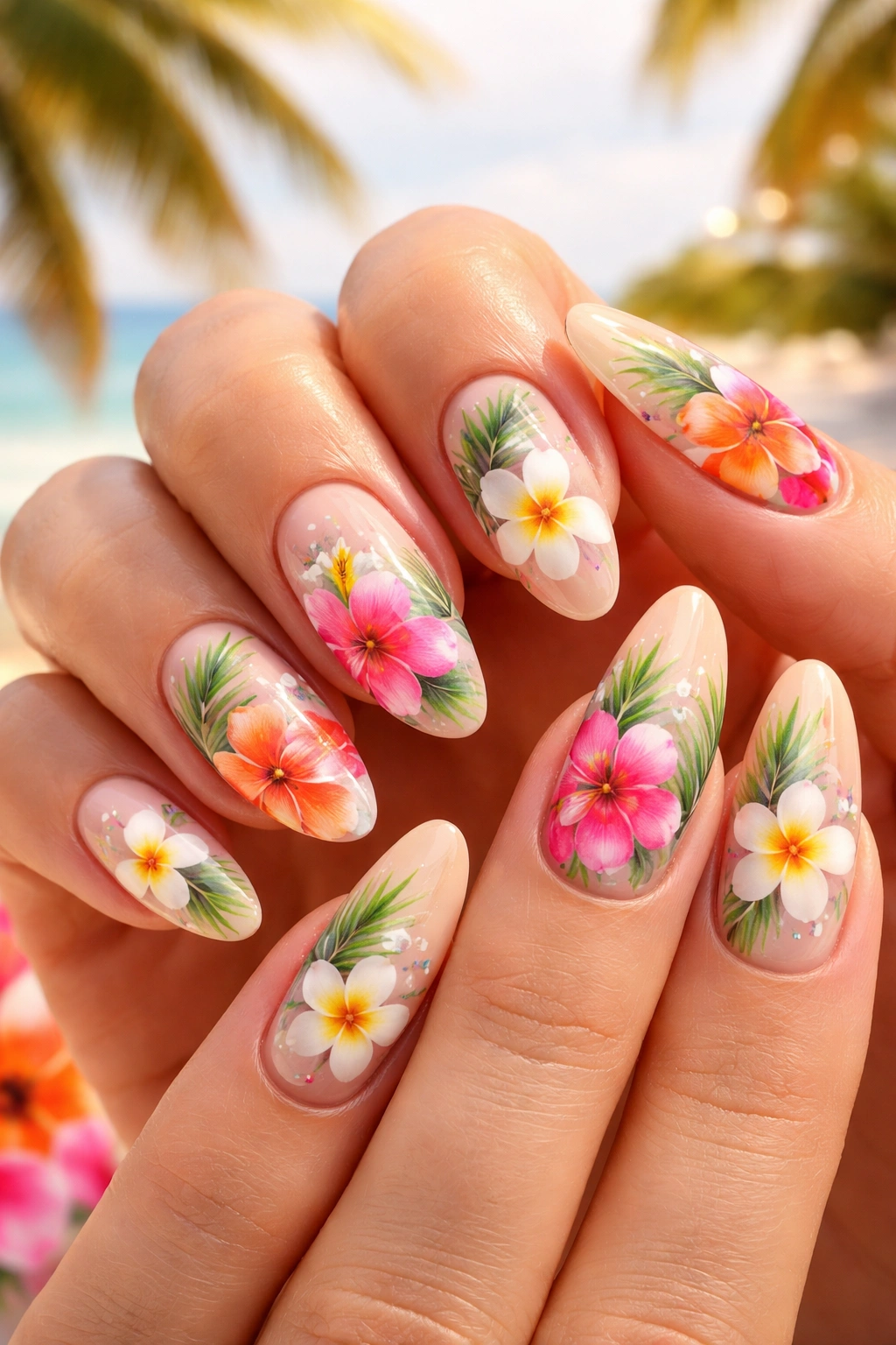 Close-up of tropical flower nail art on pastel nails