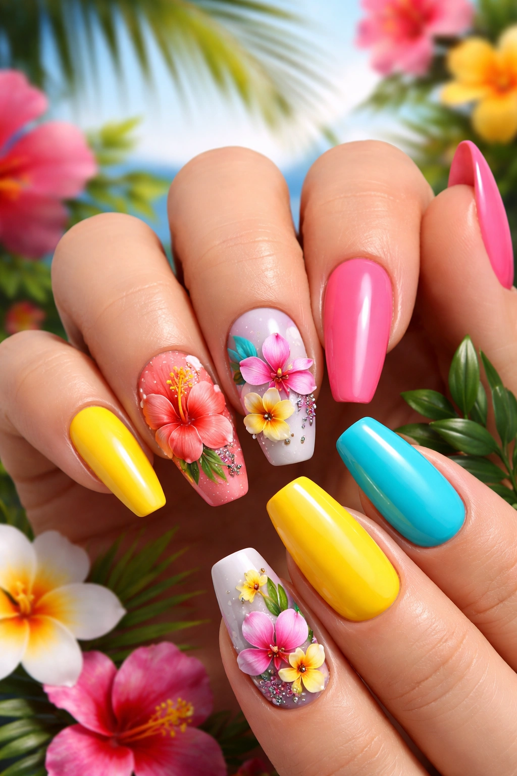 Nails with colorful tropical flower designs in 3D on a soft backdrop