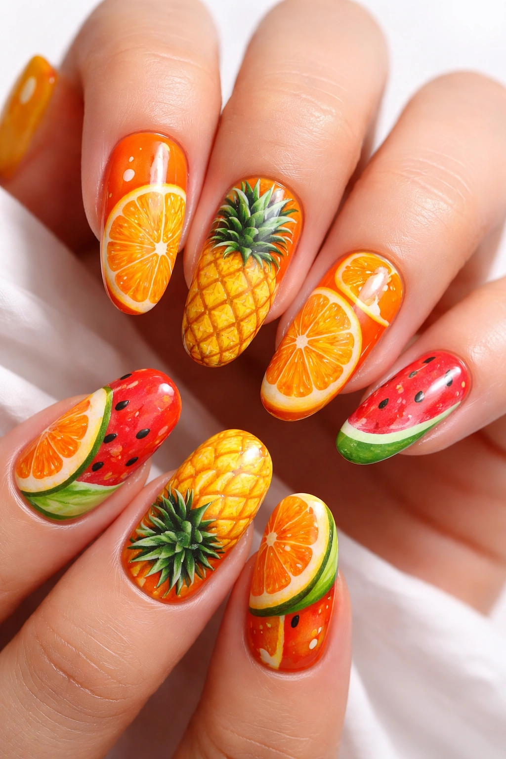 Close-up of orange-based nails with tropical fruit designs