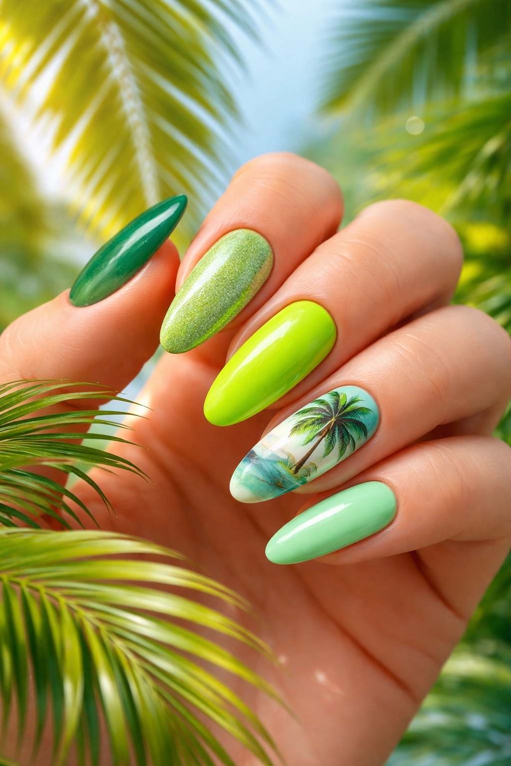 Nails in tropical greens with a palm tree accent on one nail