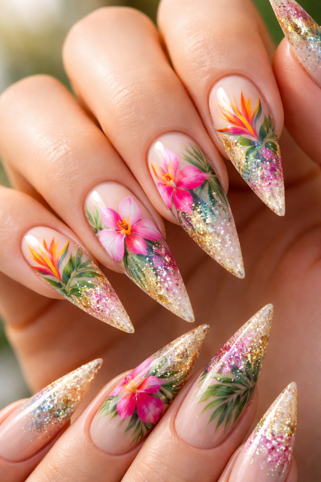 Close-up of a nude-based stiletto nail with colorful tropical flowers and a glitter tip