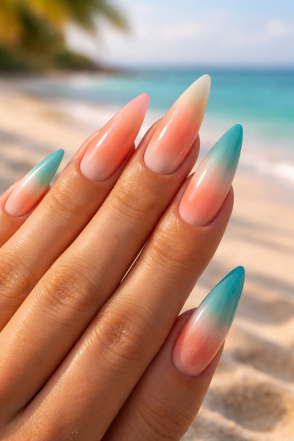 Close-up of tropical paradise ombre stiletto nails with peach to teal gradient