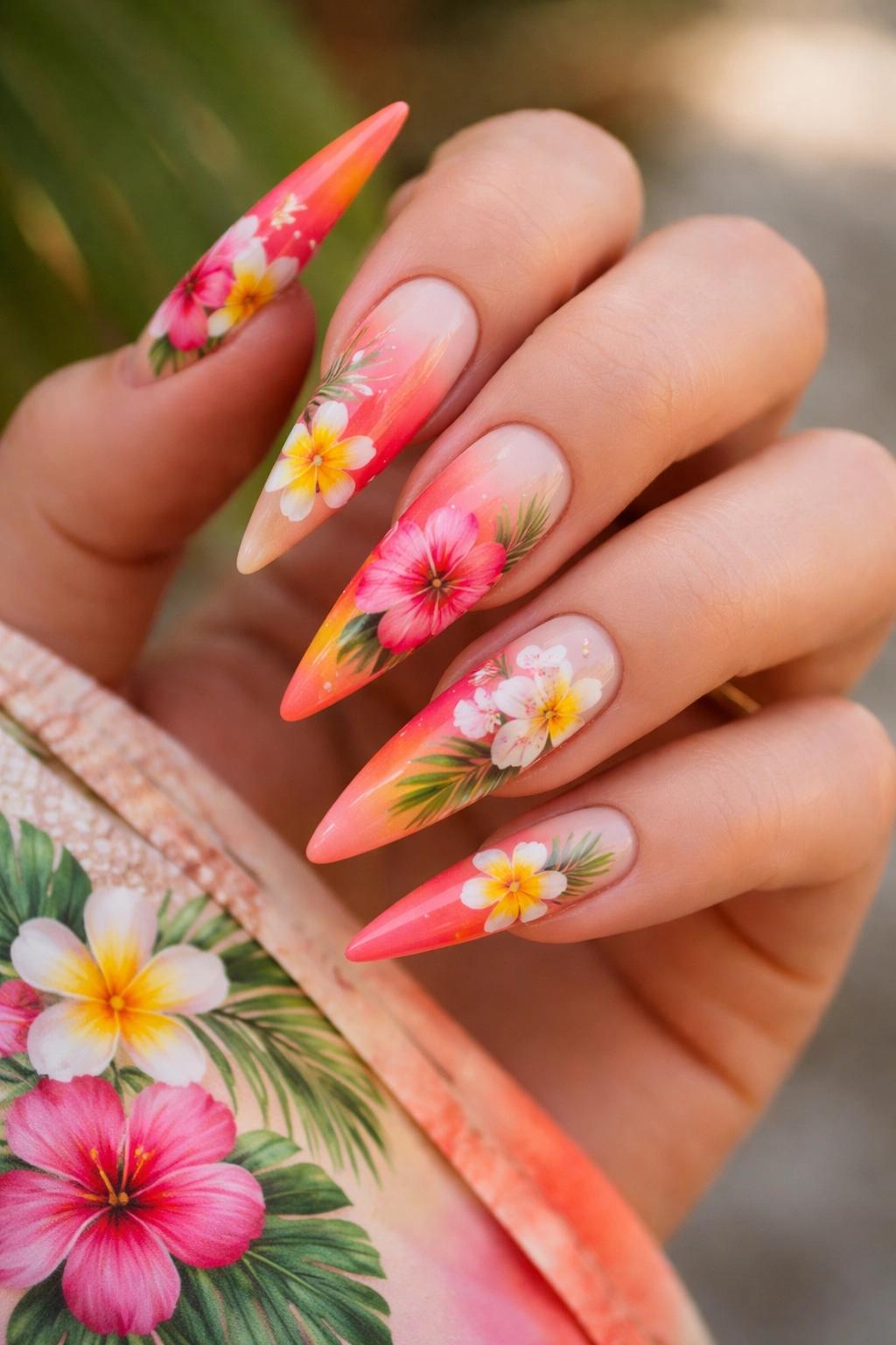 Close-up of tropical ombre stiletto nails with hand-painted hibiscus, plumeria, orchids and green leaves