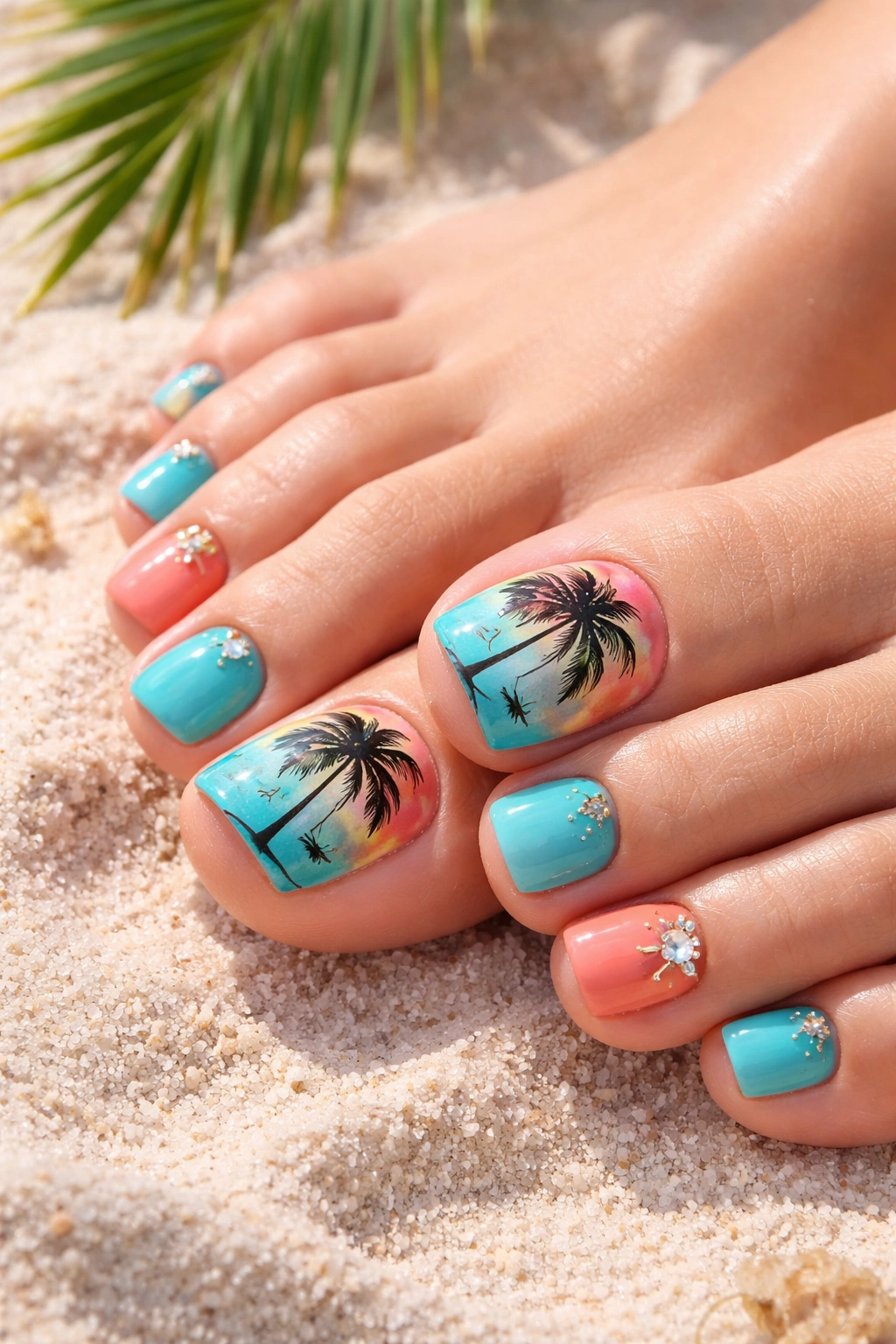 Toes with turquoise and coral tropical pedicure with palm tree accent.