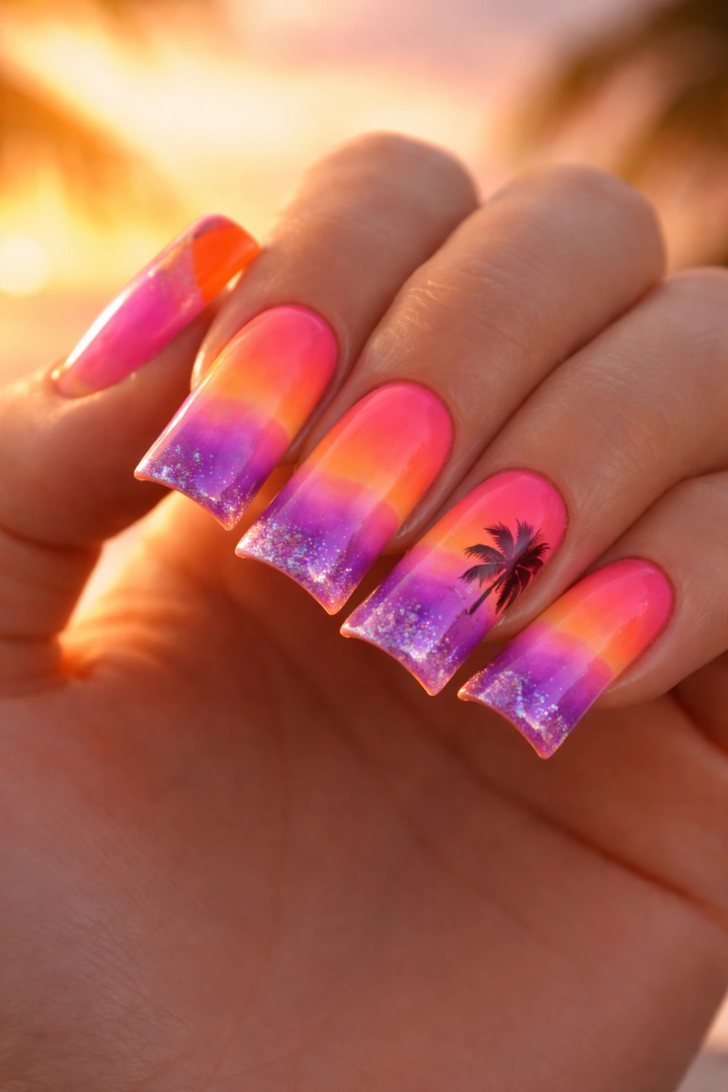 Close-up of tropical sunset duck nails with orange to purple gradient on curved tips