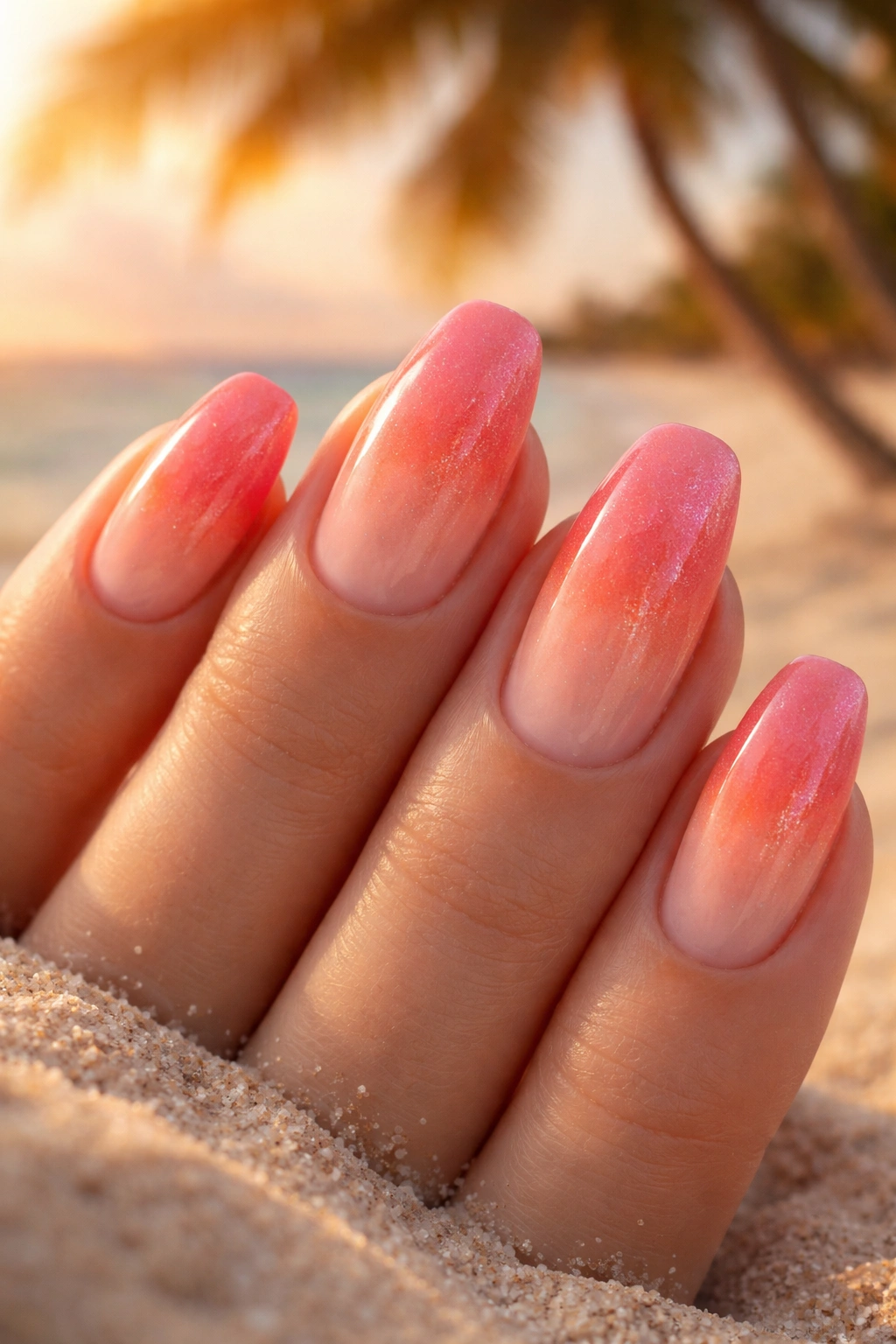 Close-up of tropical sunset ombre nails in coral to blush gradient with a subtle shimmer