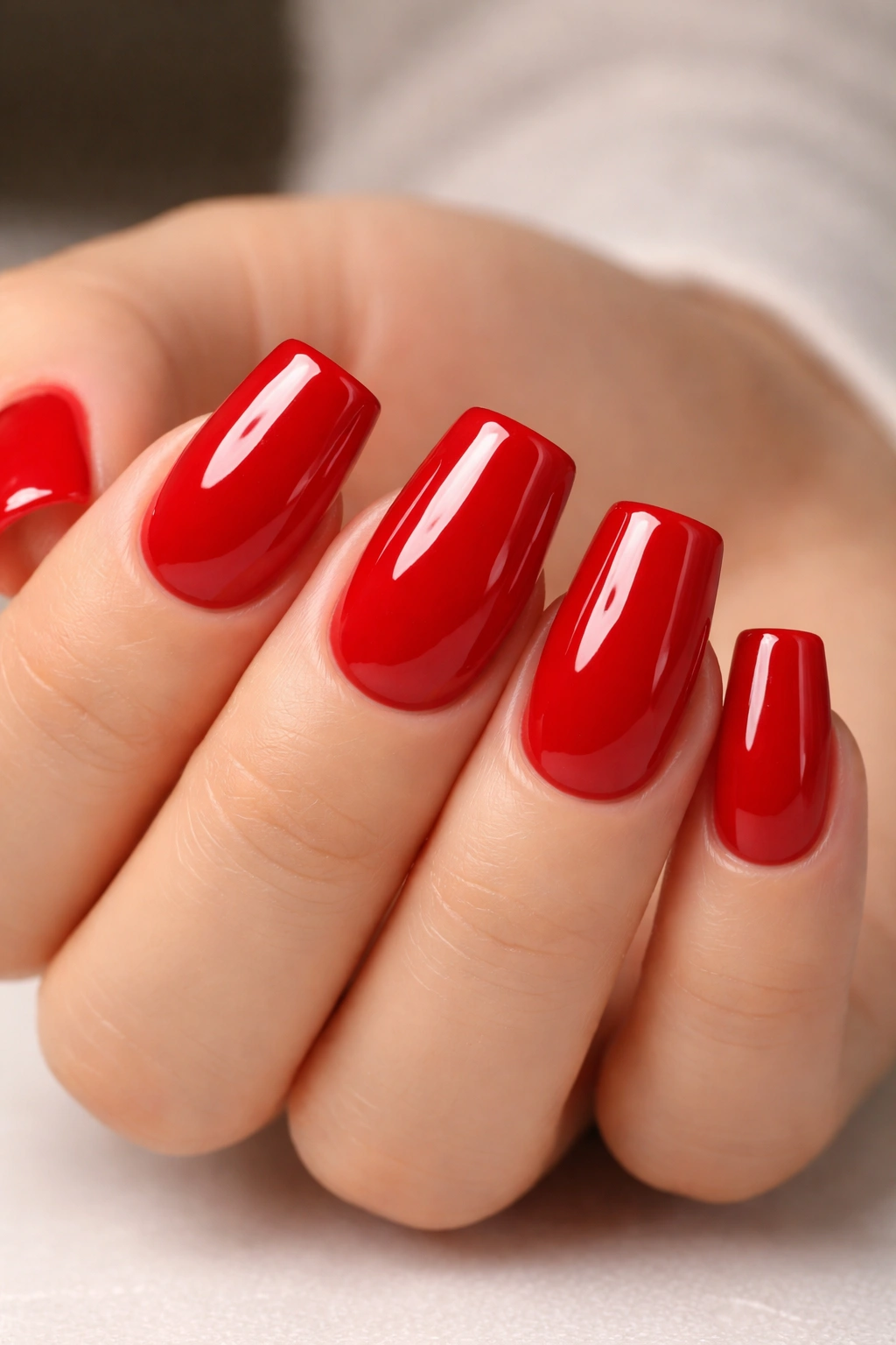 Close-up of short duck nails in true red with a glossy high-shine finish.
