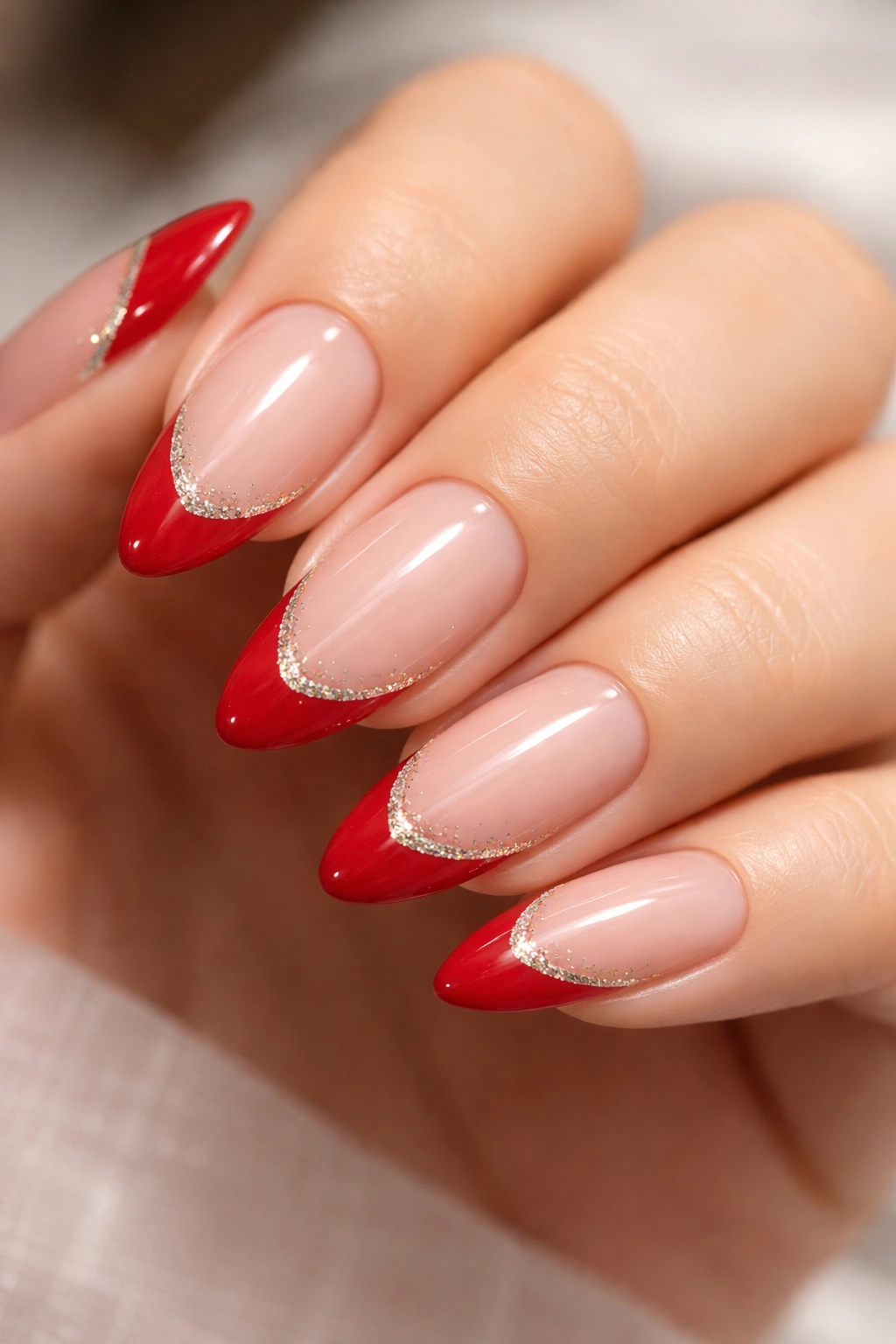 Close-up of almond nails with true red tips and white-gold sparkle on nude base