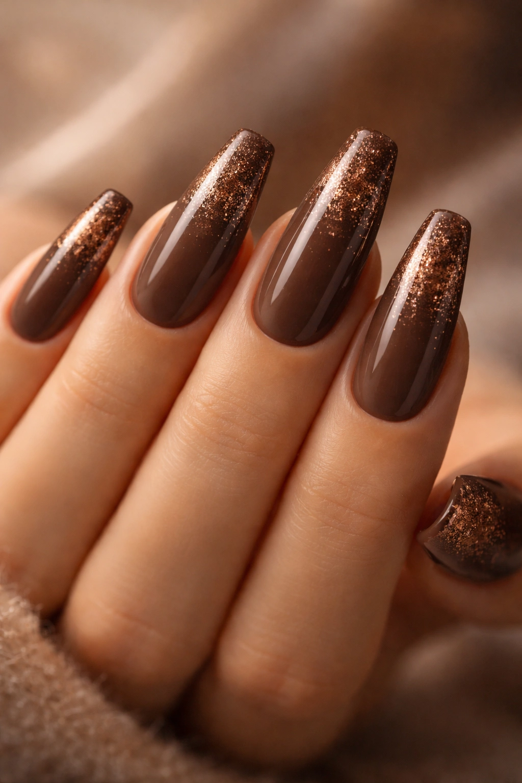 Close-up of truffle brown nails with fine copper glitter fade on the tips