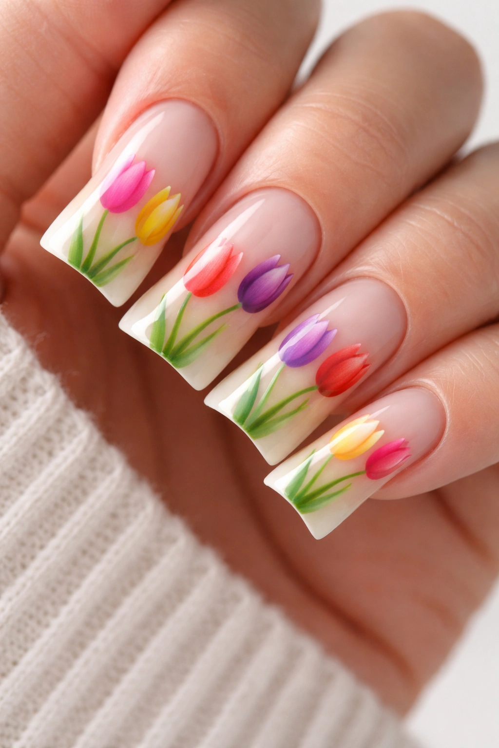 Close-up of Tulip Multicolor Duck Nails with Gradient Stems displaying multicolor tulips across nails