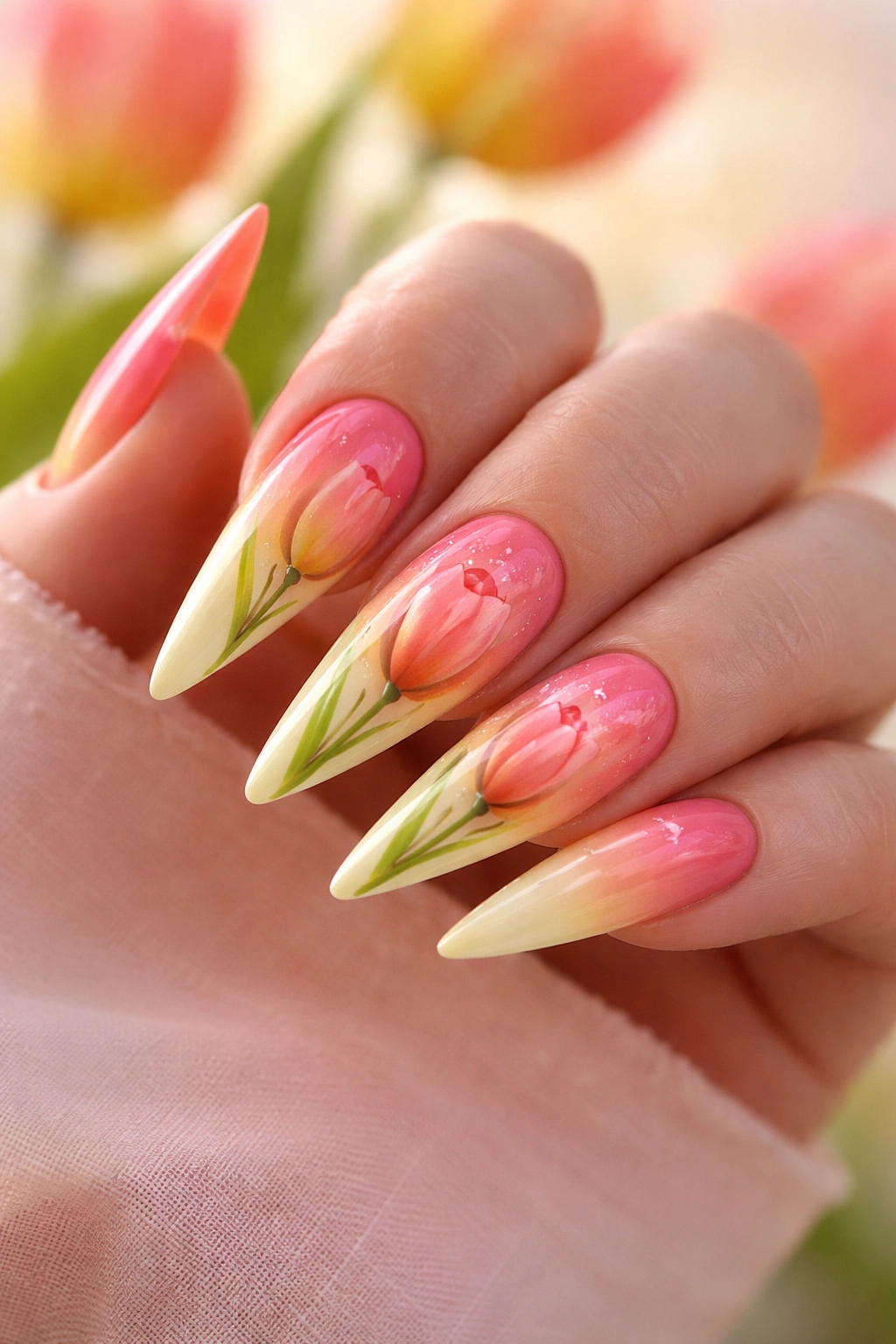 Close-up of tulip gradient stiletto nails with coral-pink to yellow hues and tulip blooms