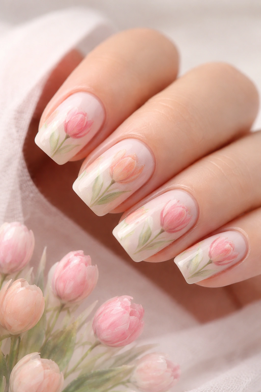 Close-up of short squoval nails with soft watercolor tulip nail art in pastel pinks and peaches