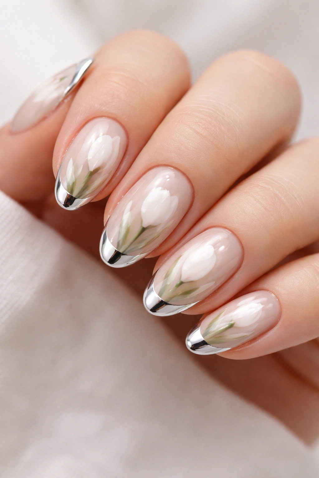 Short almond nails with white tulip floral art and chrome tips on a neutral background.