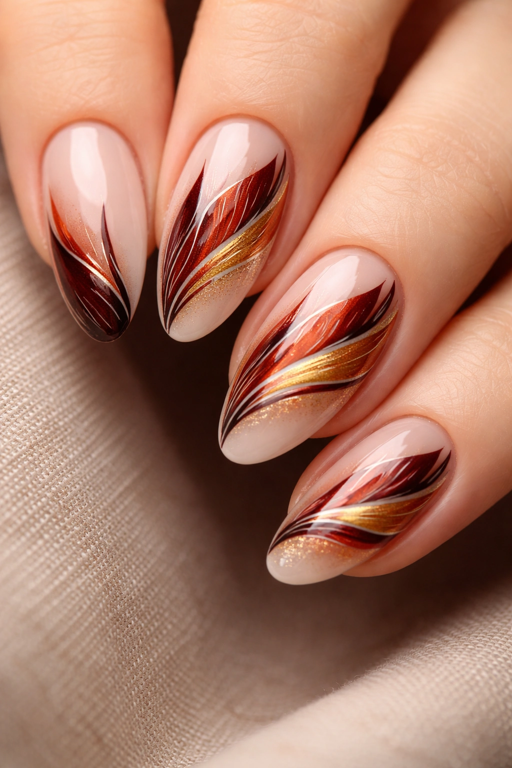 Nails with abstract feather motifs in fall colors on a neutral base