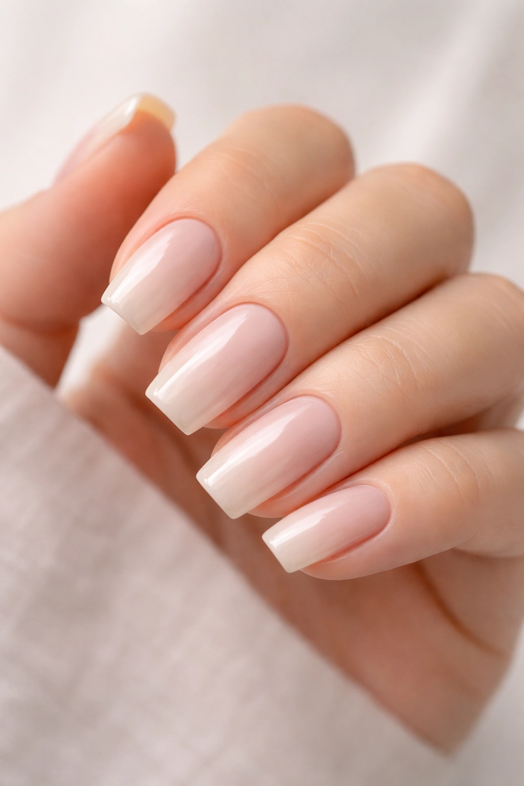 Squoval nails with rounded corners and square base on a hand