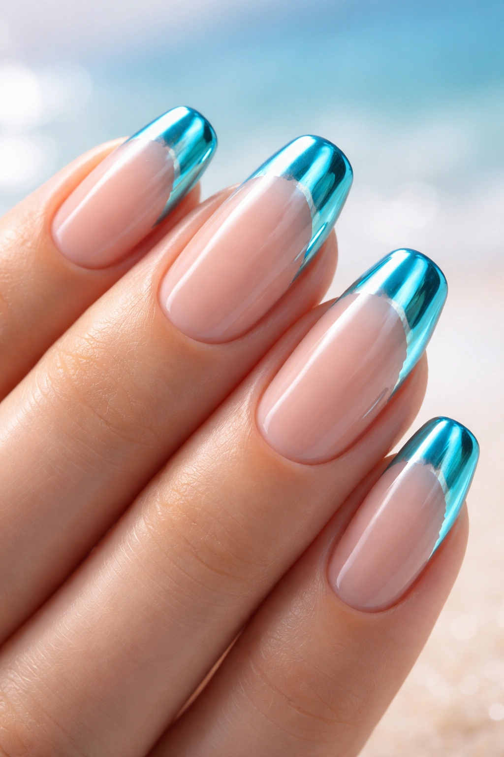 Turquoise chrome tips on nude nails with crisp edge
