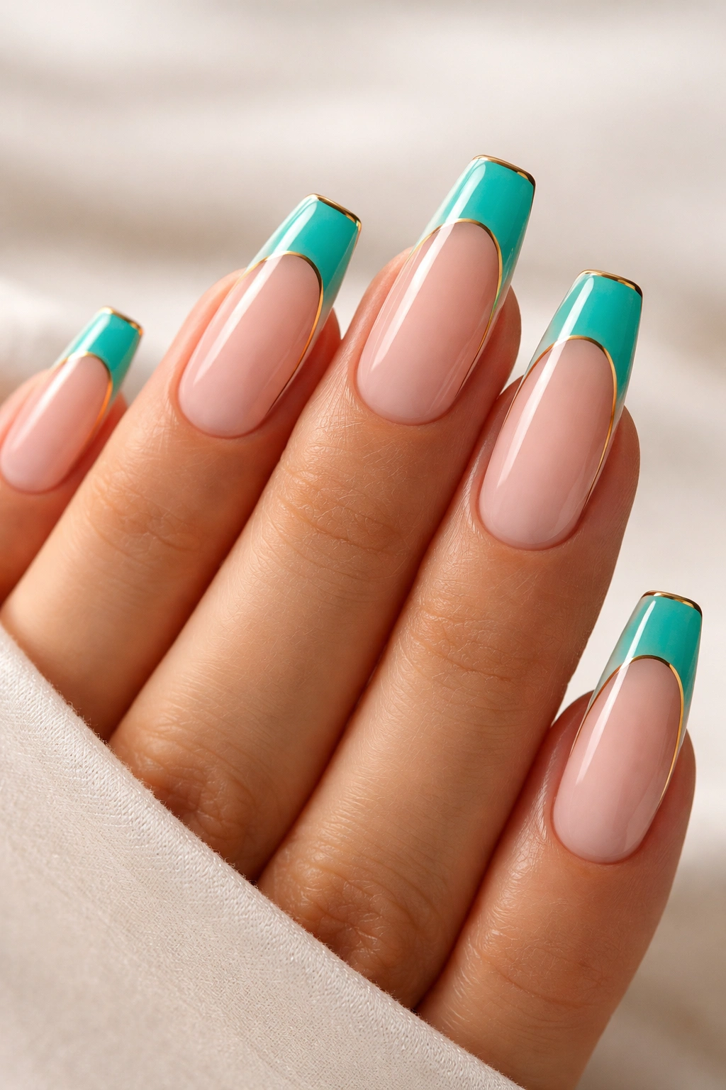 Close-up of turquoise tips with a razor-thin gold outline on ballerina nails