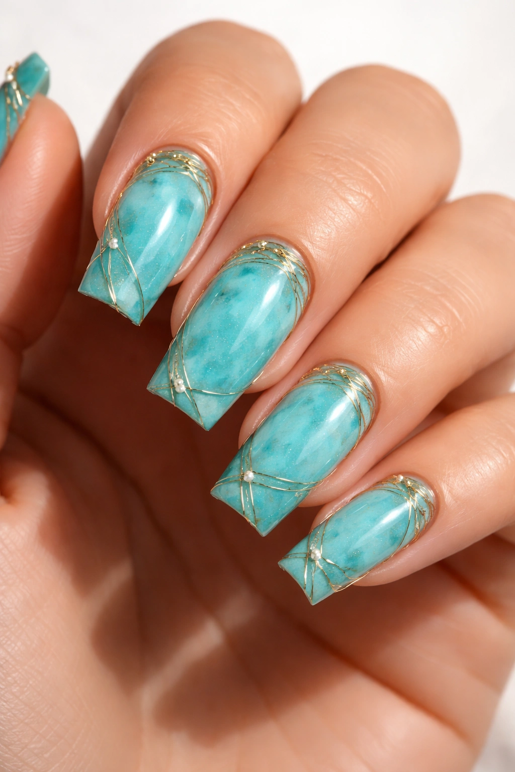 Turquoise nails with boho wire wrapping on the edges
