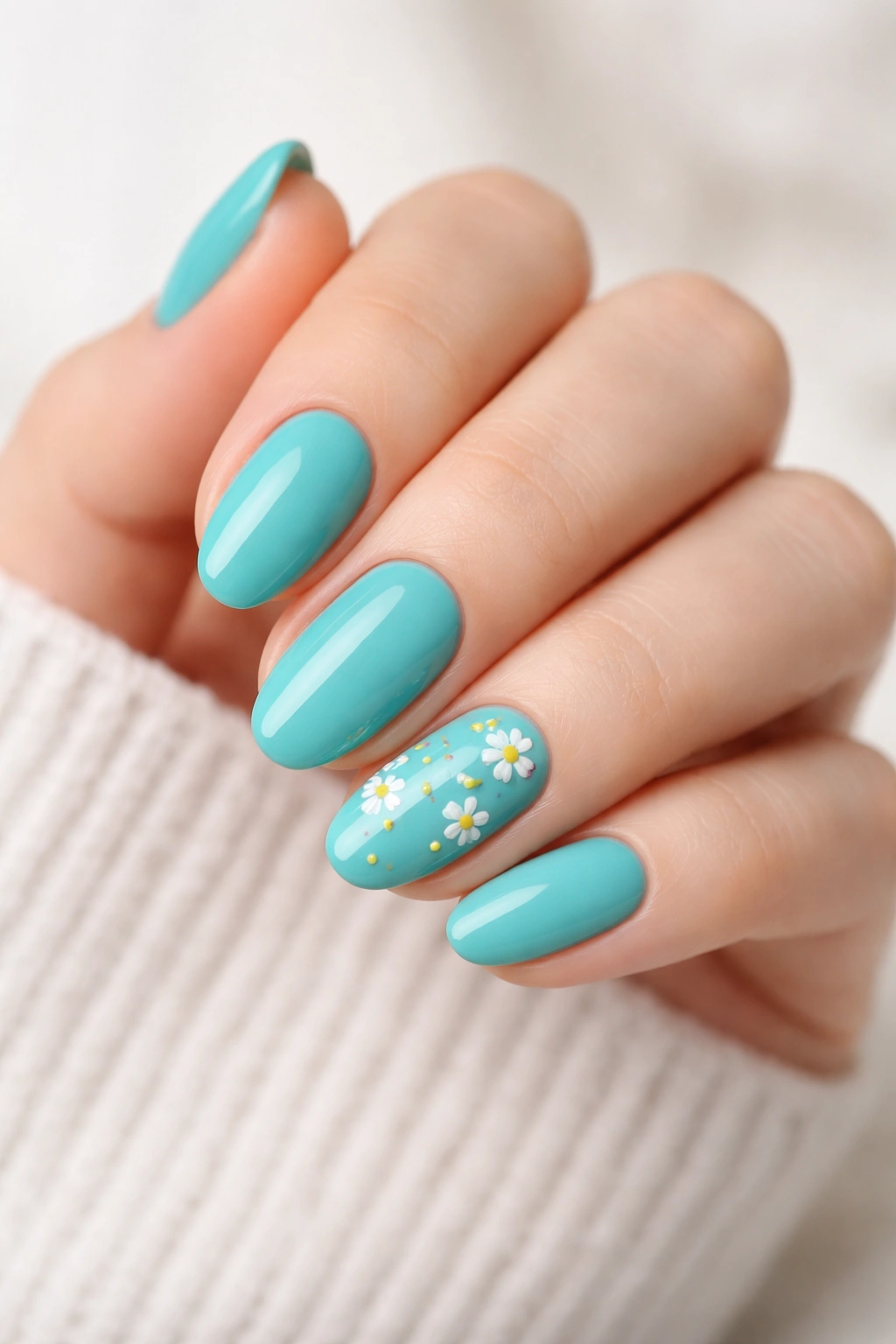 Close-up of short almond turquoise nails with sparse tiny white daisies on accent nails