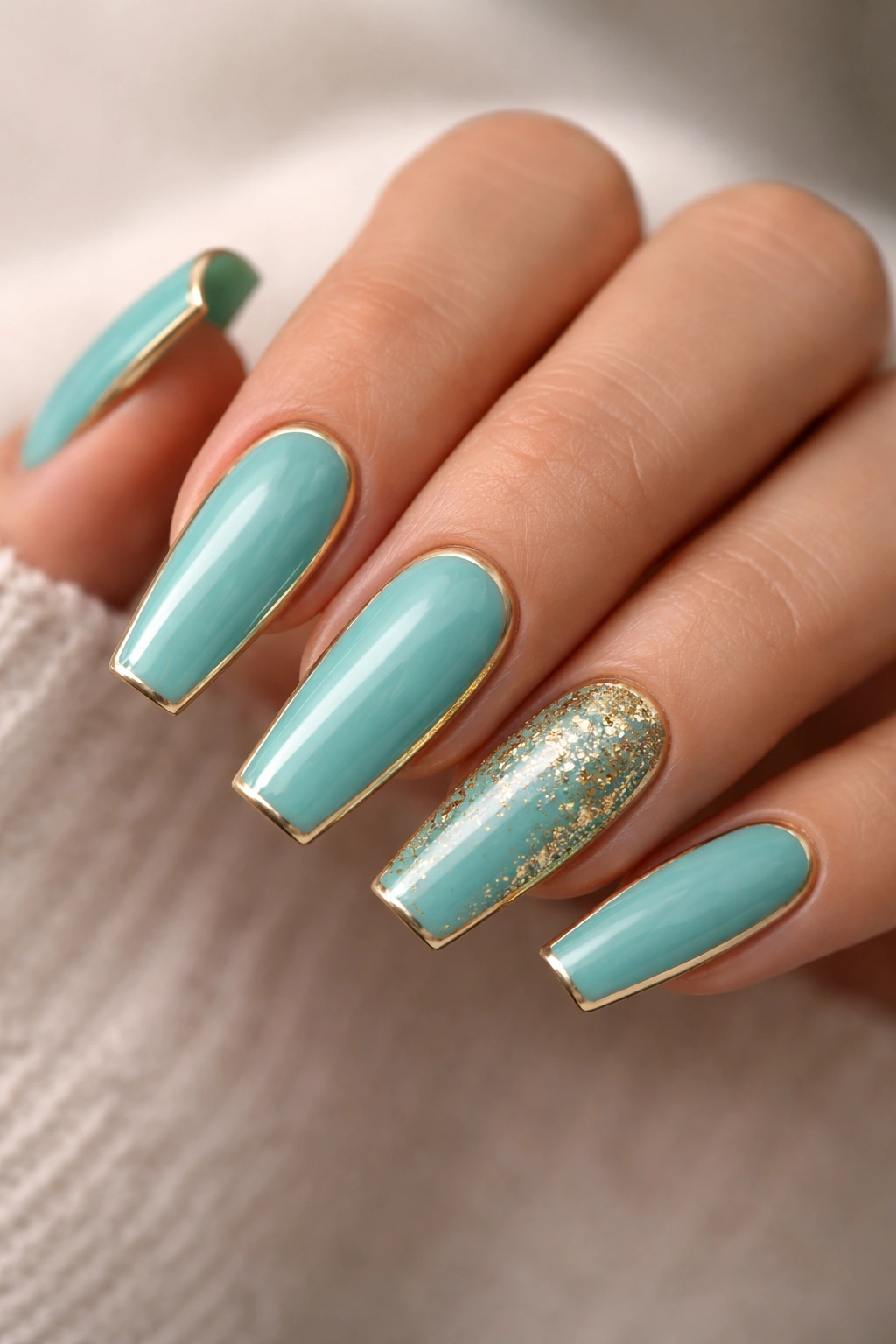 Close-up of turquoise coffin nails with gold accents on a neutral background