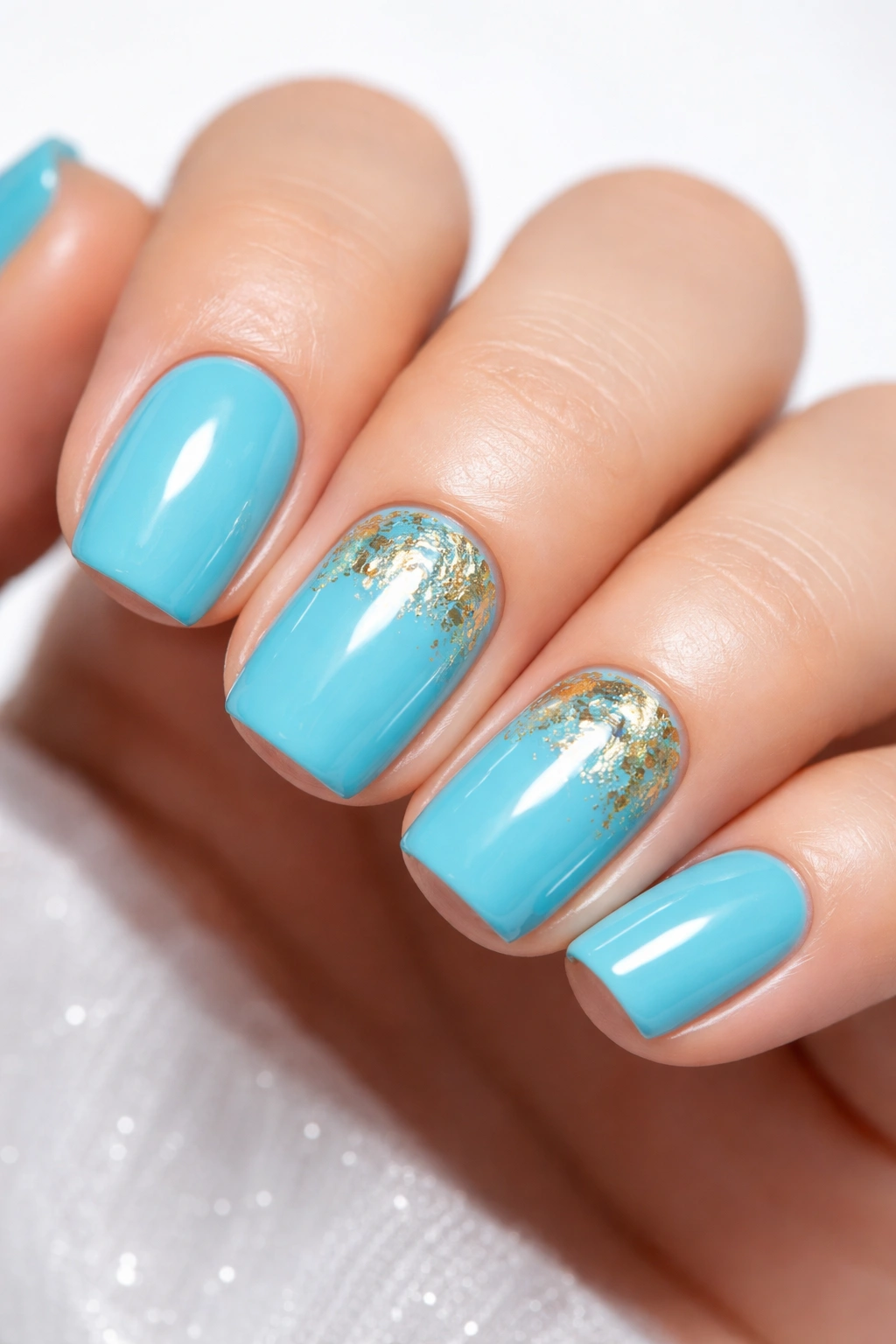 Close-up of turquoise nails with gold foil accents