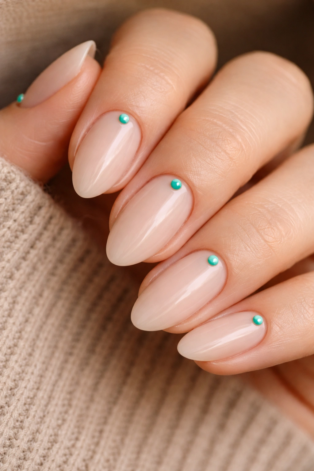 Close-up of nude almond nails with tiny turquoise accent stones
