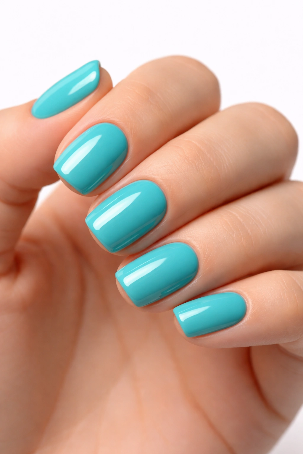 Close-up turquoise squoval nails with glossy finish