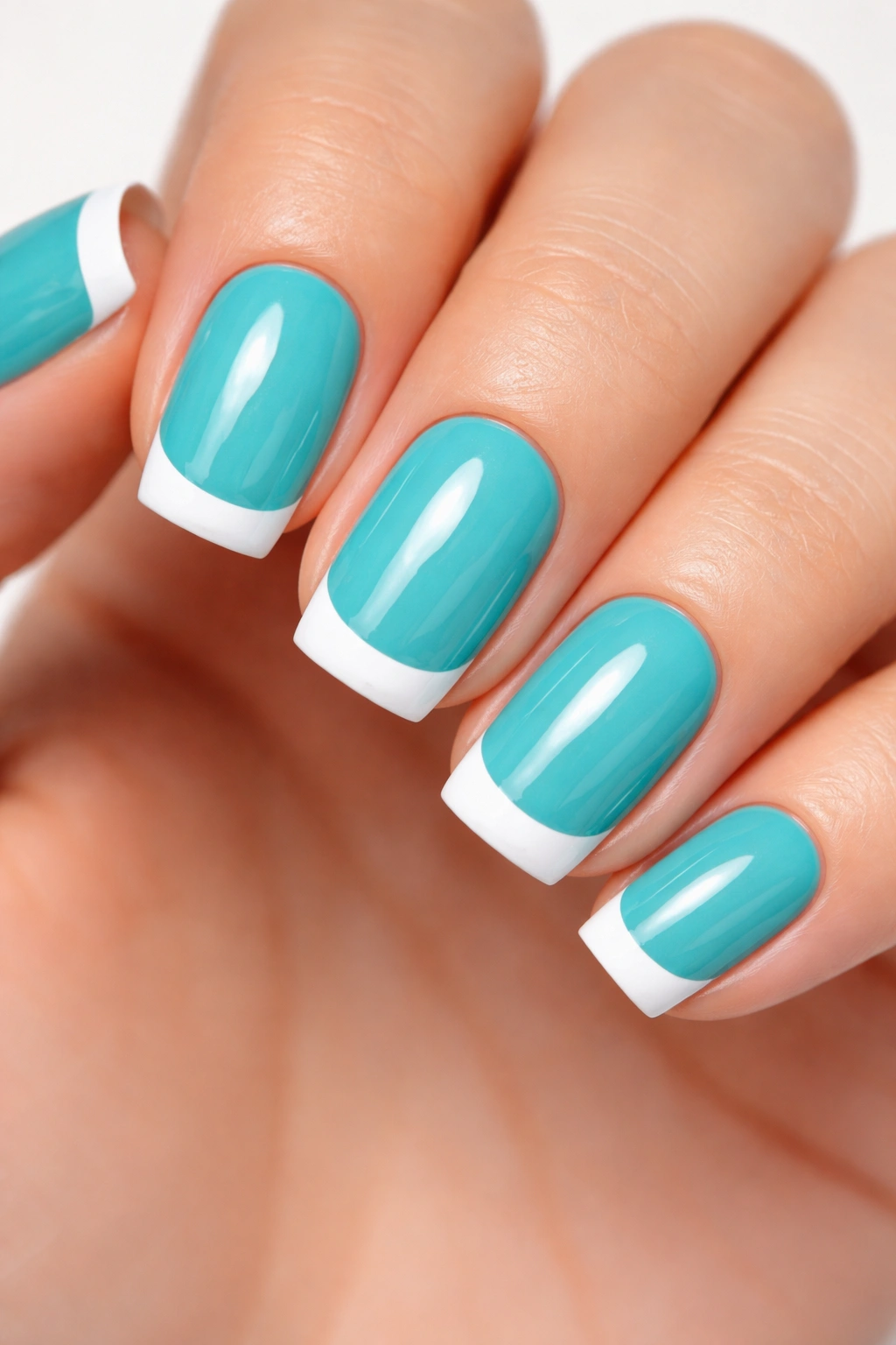 Close-up of short squoval nails featuring turquoise base and white French tips