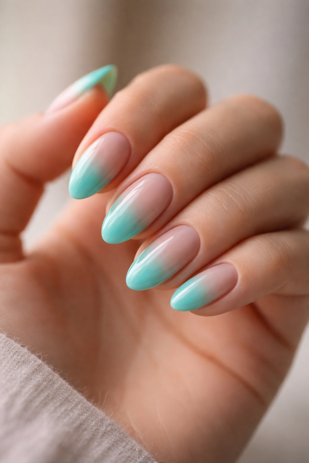 Close-up of short almond nails with turquoise ombré gradient