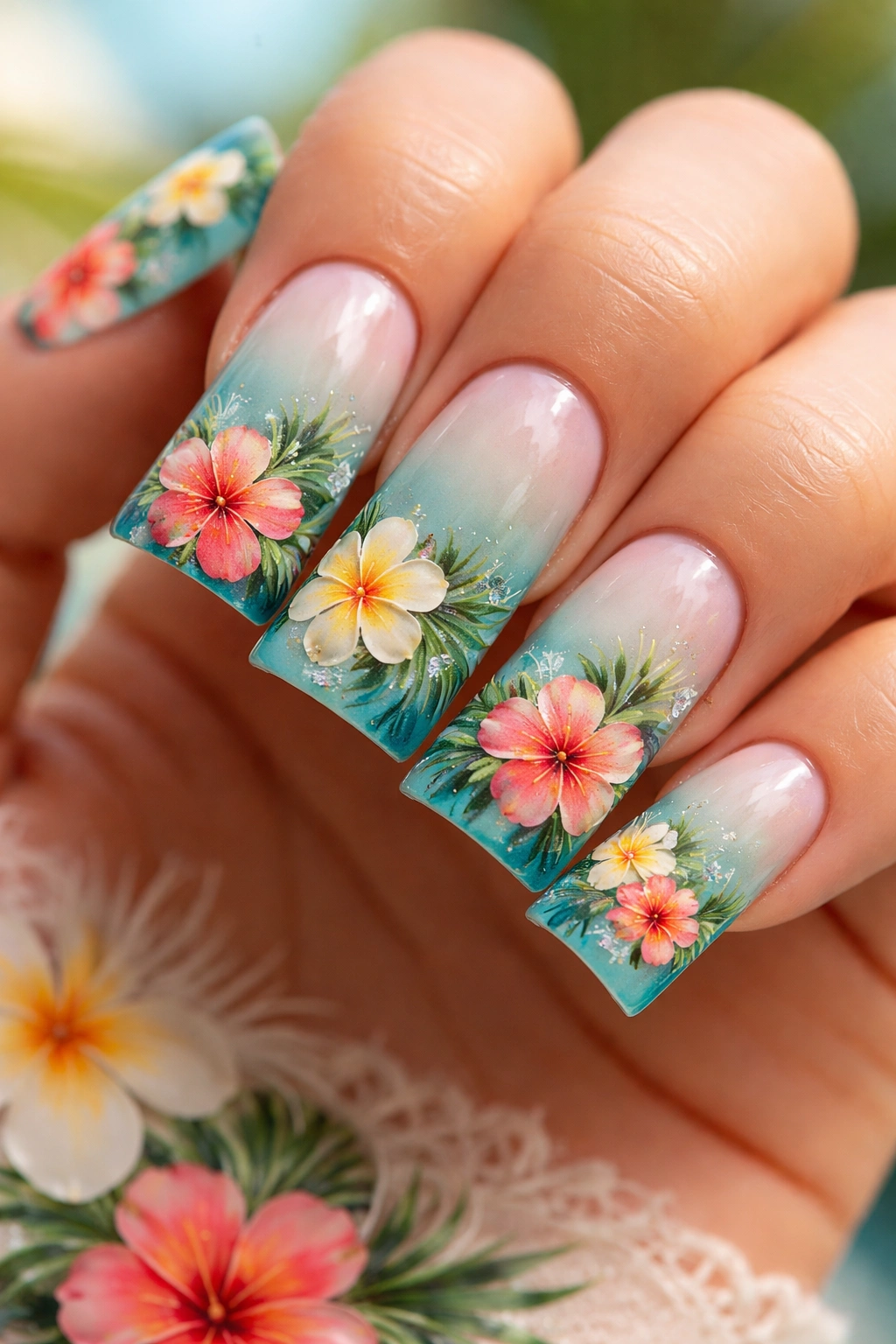 Turquoise ombre nails with tropical flower clusters